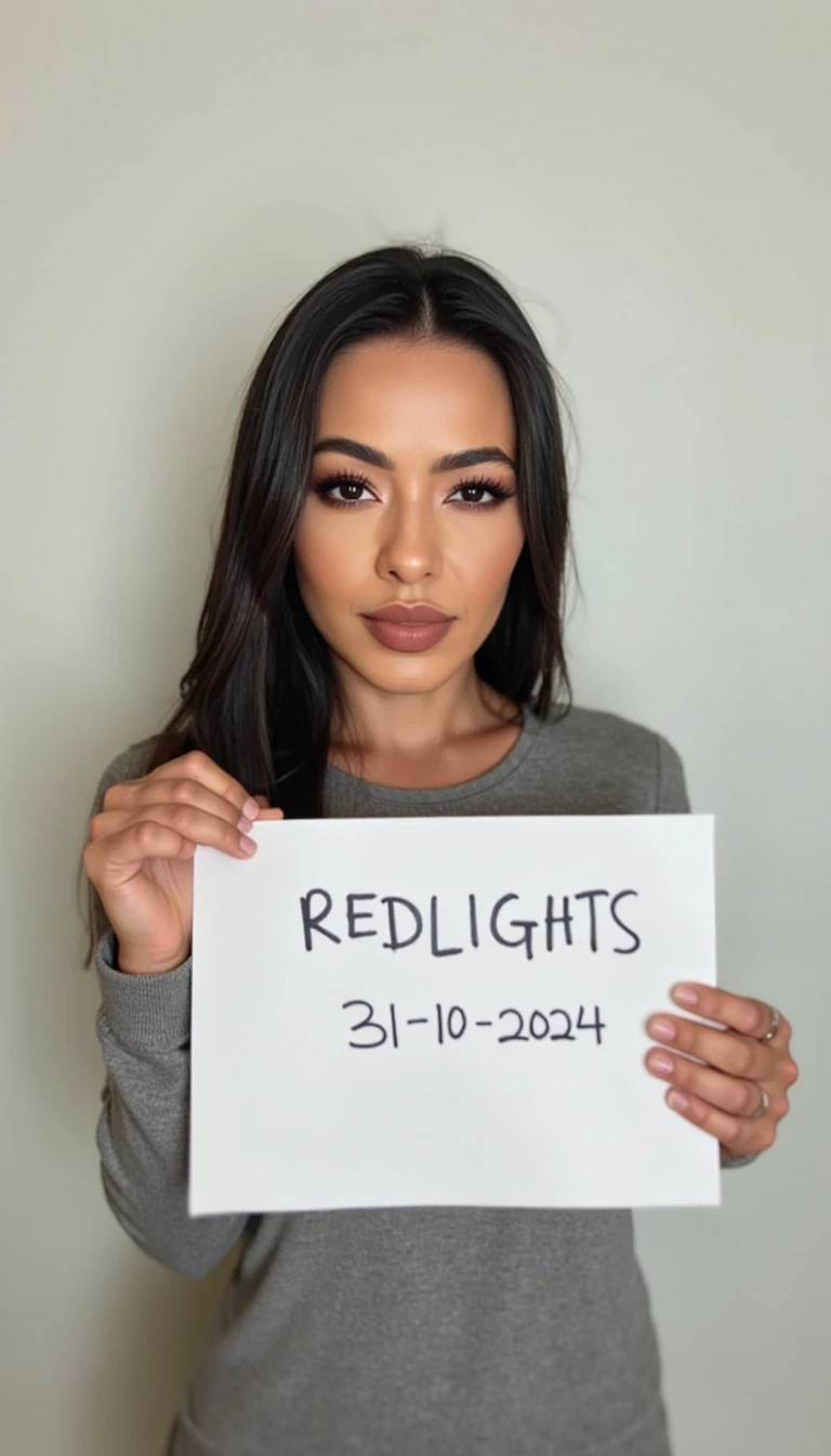 photo of woman CSTMDL,   woman holds a sign with handwritten text. She is wearing long sleeves and has neutral makeup. The sign reads "REDLIGHTS" followed by "31/10/2024" in a simple script. The background is a plain, light-colored wall, providing a minimalist and uncluttered setting.