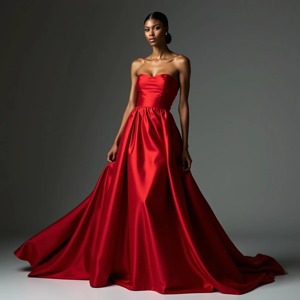 Vogue Cover
Shot on Hasselblad H6D-100c, 80mm f/2.8, ISO 50, 1/125 sec. Medium shot of statuesque supermodel with light olive brown skin, 5'11" height, sculpted cheekbones, and almond-shaped eyes. Wearing Valentino haute couture gown in scarlet silk. Skin texture shows microscopic detail: refined pores, slight golden undertone, ethereal glass-like finish from expert skin prep. Key light: 72-inch Broncolor Para with silk diffusion at f/16, creating luminous wrap-around light that accentuates bone structure. Background: seamless grey at f/22, gradient lighting. Model poses with signature elongated neck, slight profile, channeling Iman's classic stance. CSTMDL