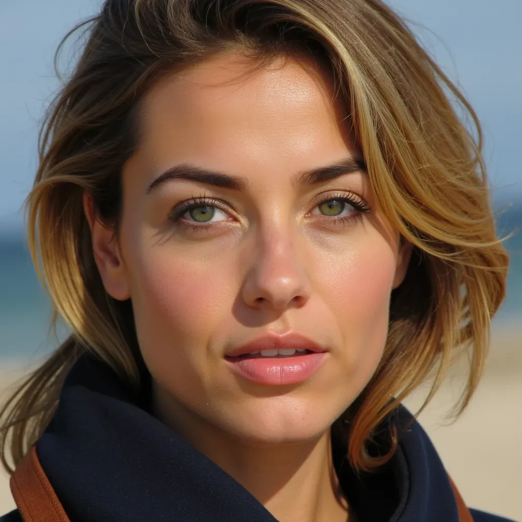 27-30 years old women, she has beautiful full thick eyebrows, long eyelashes and oval almond-shaped eyes, the color of these eyes is greenish-blue, the color of her hair is dirty blonde, something like Pamella Anderson in her Coast Guard hair, she has an oval face, beautiful full lips, her chin is also slightly rounded