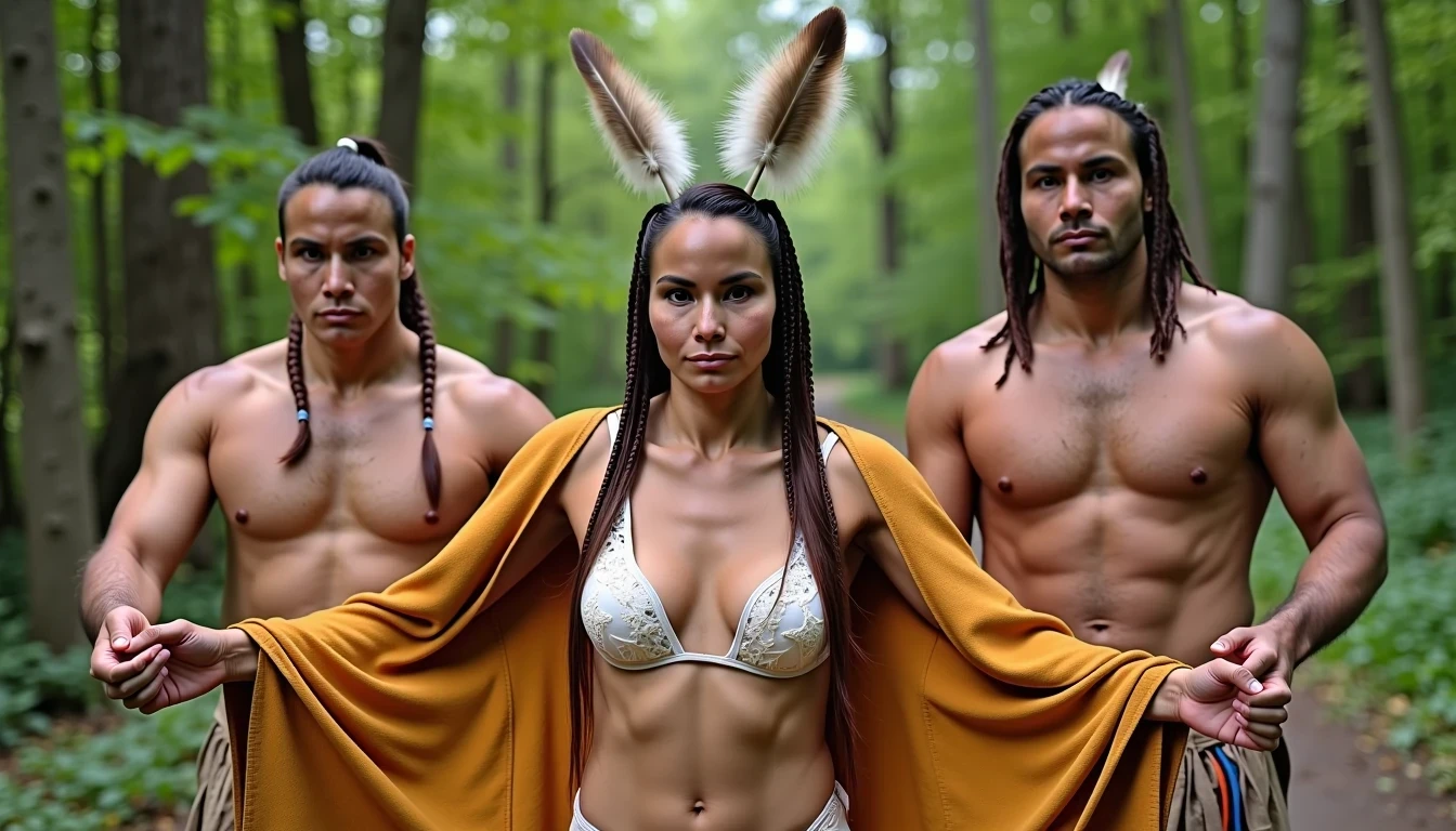 photo of woman CSTMDL, a selfie photo of, a slim woman, her full body is in the scene, she has a slender petite build with petite small boobs and a flat chest, she has small dark skin nipples with long pointy nipple ducts and small dark skinned areolas, her hair is styled with two long braids she has eagle plumes in her hair, she is not wearing earrings, she is wearing daisy duke denim booty shorts, she is wearing a native American style vest in a golden yellow color over top of her underwear, she is holding her vest open exposing her strapless bra, her bra is a strapless white lace bra, she is wearing white lace panties, she is wearing ankle height smoked hide moccasins, natural lighting, natural light, amateur photography, shot on an iPhone, she is spread out like a starfish by two native American giants with her legs spread wide apart in a densely wooded forest, she is maintaining intense eye contact with the camera, two fat giant native American man standing up directly on either side of her holding onto her by her wrists and ankles, public setting, Hyper realism, 16k, uhd, ultra-sharp focus, perfect meshes and textures, highly detailed, highly accurate reflections, natural lighting, natural light, amateur photography,