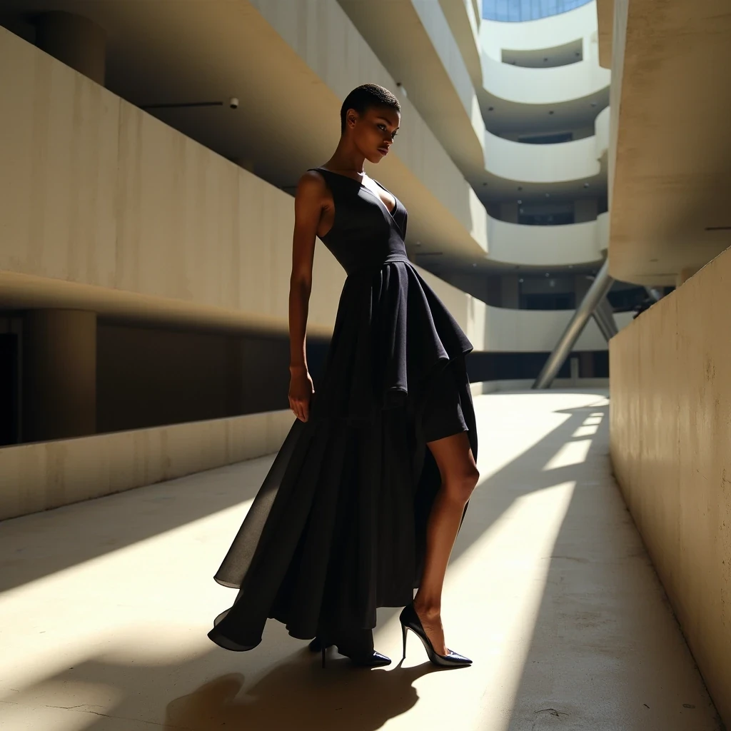 Architectural Fashion
Shot on Canon R3, 70-200mm f/2.8, ISO 100, 1/200 sec. Full body shot of commanding model with light olive brown skin in Alexander McQueen structured dress. 5'11", size 2, legs elongated by stilettos. Skin retains natural texture while appearing flawless: microscopic peach fuzz on face catching rim light, subtle glow from luxury skincare. Main light: Profoto B10X through 4x6 softbox at f/11. Location: Guggenheim spiral, dramatic shadows from architectural elements. Pose references iconic Peter Lindbergh compositions. CSTMDL