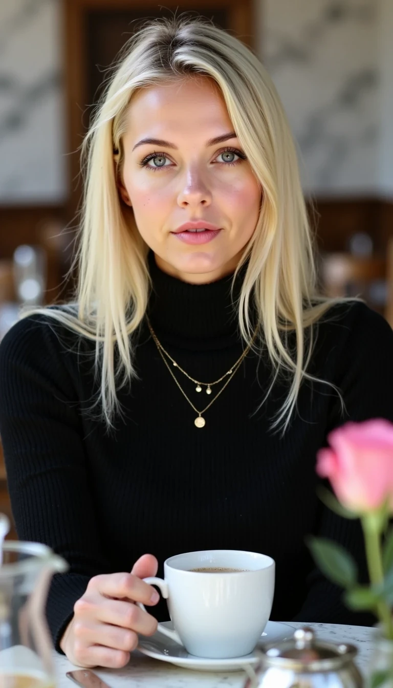 Ultra-realistic portrait of a young blonde woman sitting at a café table, holding a white coffee cup in her hand. She has straight, shoulder-length platinum blonde hair parted in the middle, fair skin with natural freckles across her cheeks and nose, and striking blue eyes. She is wearing a fitted black turtleneck sweater and two delicate gold necklaces, one with a small pendant. The background shows a cozy café interior with marble elements, blurred chairs, and soft warm lighting. On the table in front of her are a glass, a teapot, and a vase with a pink rose in the foreground, slightly out of focus. The atmosphere is elegant, intimate, and natural, with soft daylight enhancing her features. Photorealistic, high detail, cinematic, 8k, shallow depth of field, bokeh effect.
CSTMDL