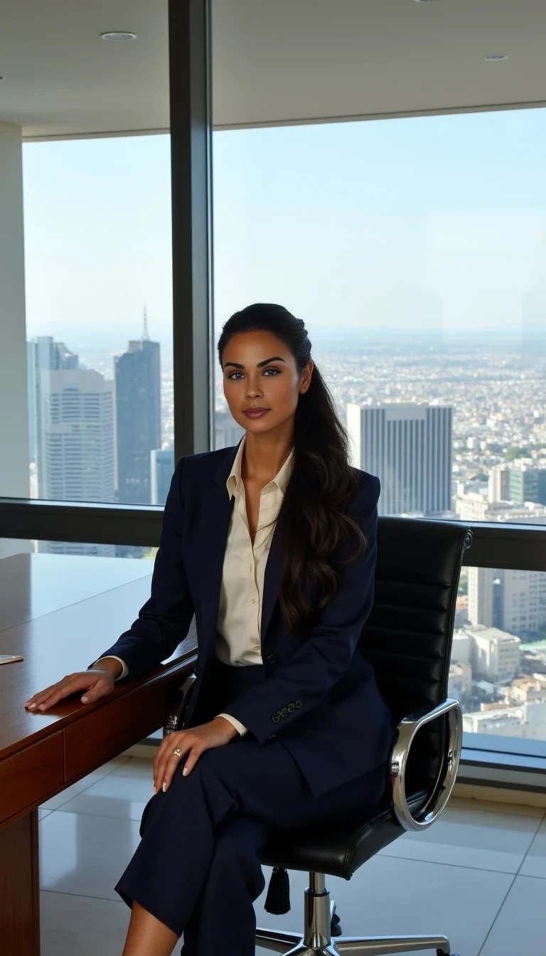 A stunning Colombian female model with an elegant physique and radiant tan skin, seated behind a modern executive desk in a luxurious, well-lit office with a breathtaking city view. Her long, wavy dark hair is neatly pulled back into a sleek, sophisticated updo, emphasizing her striking Latin American features and poised expression. She is wearing a tailored, elegant office suit in deep navy blue with a fitted blazer and high-waisted trousers, paired with a silk blouse in a soft ivory shade. Stylish high heels subtly complete her polished look. The office is sleek and contemporary, featuring floor-to-ceiling glass windows that showcase a panoramic cityscape, a high-end wooden desk with minimalist design, and a comfortable leather executive chair. The space is illuminated by natural daylight, casting a refined glow that enhances the luxurious ambiance. She sits with a poised and confident posture, hands resting elegantly on the desk, exuding authority and sophistication. The lighting highlights her presence, adding depth and realism to the high-end office setting. Ultra HD, highly detailed, cinematic lighting, professional photography, Vogue magazine style
