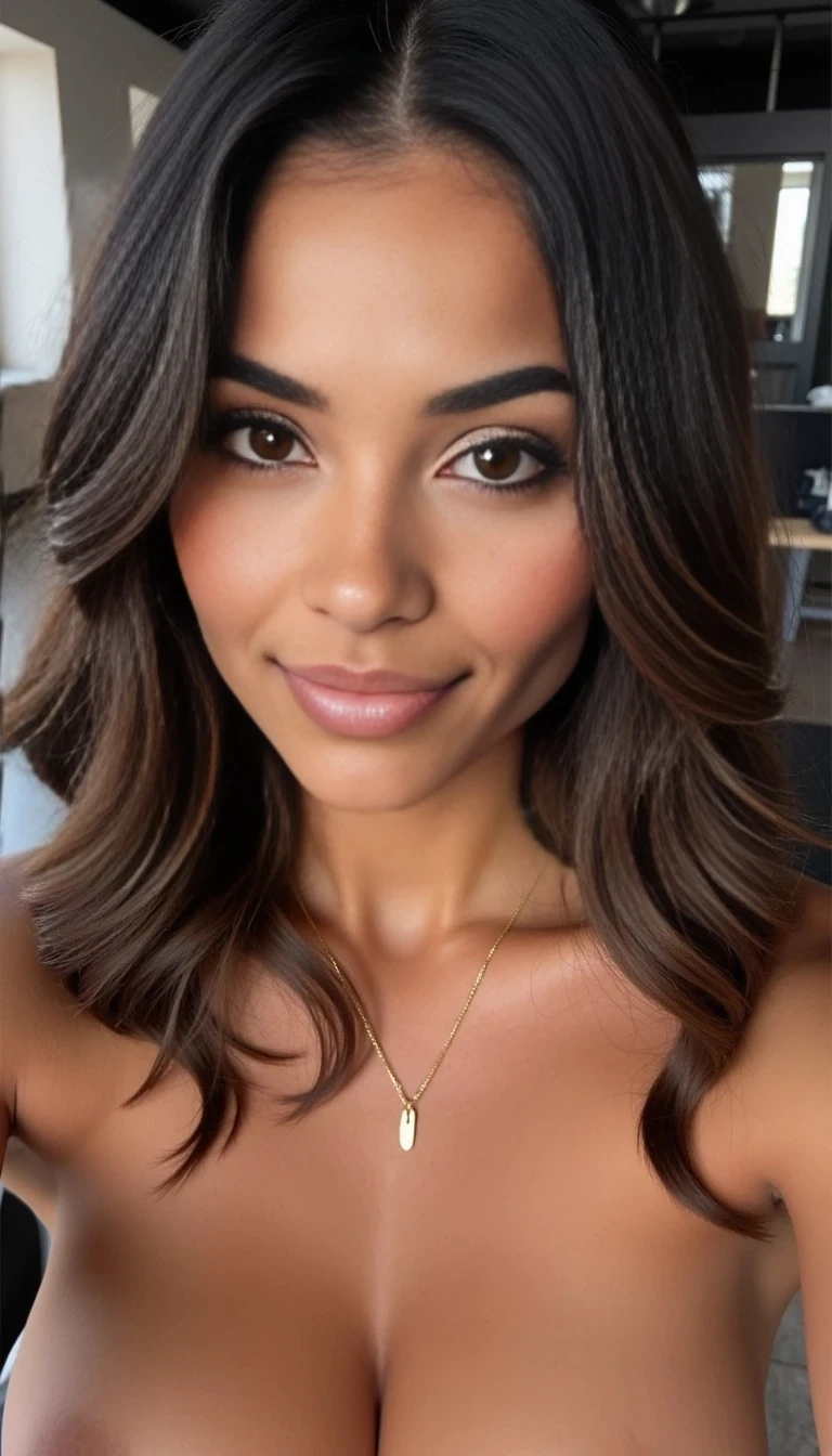 boring low quality snapchat photo circa 2015, a fit woman model as fitness influencer wearing gym outfit in the bodybuilding gym, A hyper-realistic portrait of a beautiful 24-year-old Colombian model, fully visible face, beautiful full lips, round face, sensual face, (very realistic skin structure) flawless skin, stunning almond shaped hazel eyes, long eye lashes, sharp cheekbones, long wavy jet black hair with balayage highlights, glamorous but natural makeup, glossy lips, contoured cheeks, smokey eyes, curvy hourglass figure, toned athletic build, 34DD bust, slim waist, wide hips, height 170cm, confident, slightly teasing smile, flirty gaze, professional camera, high resolution, perfect saturation, 4k