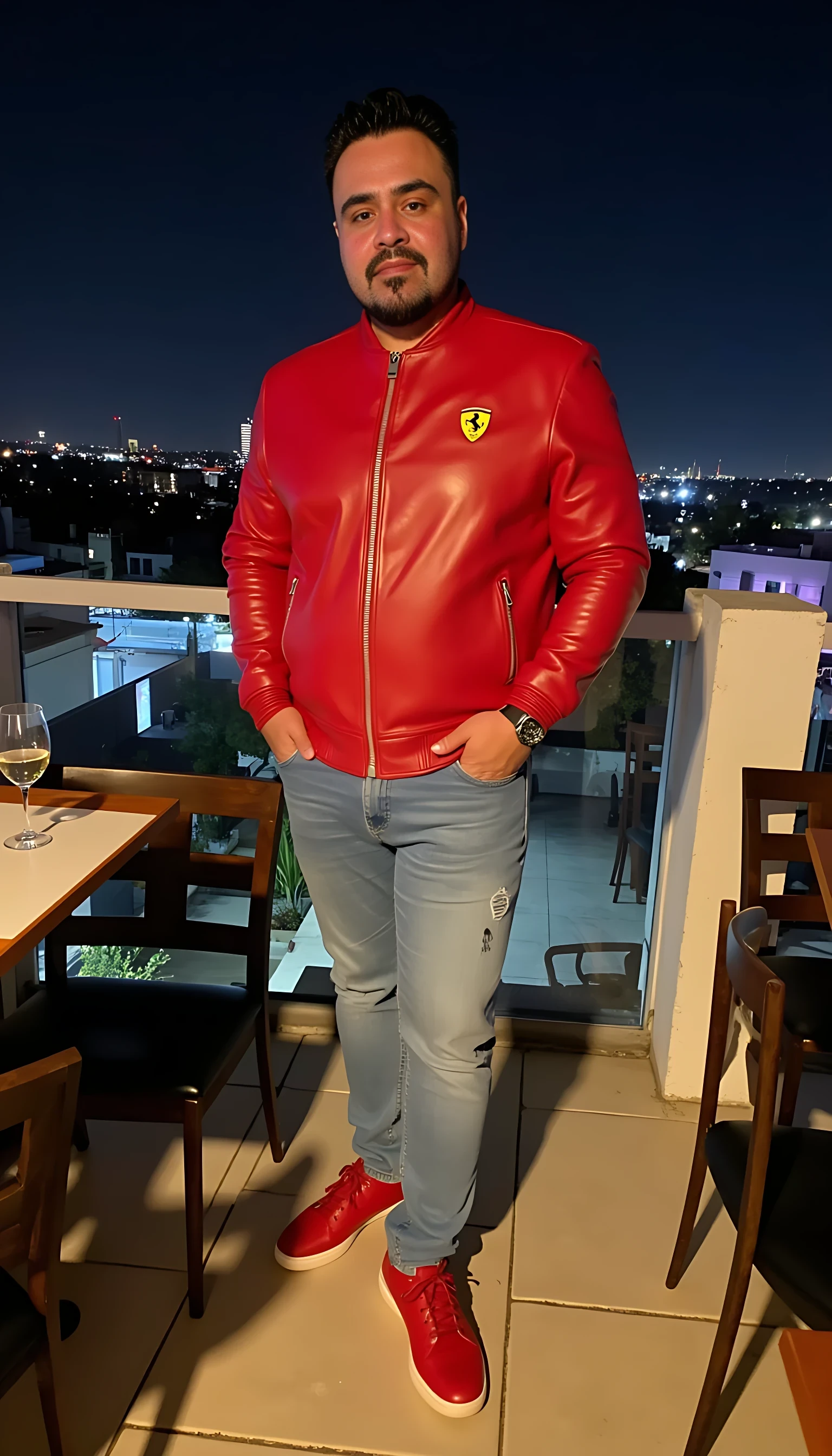  CSTMDL Man body wearing light blue jeans a red leather jacket with a Ferrari logo  red tenis shoes wearing a rolex watch standing on a nice restaurant  with a glass of wine on a rooftop city night lights  clear background 