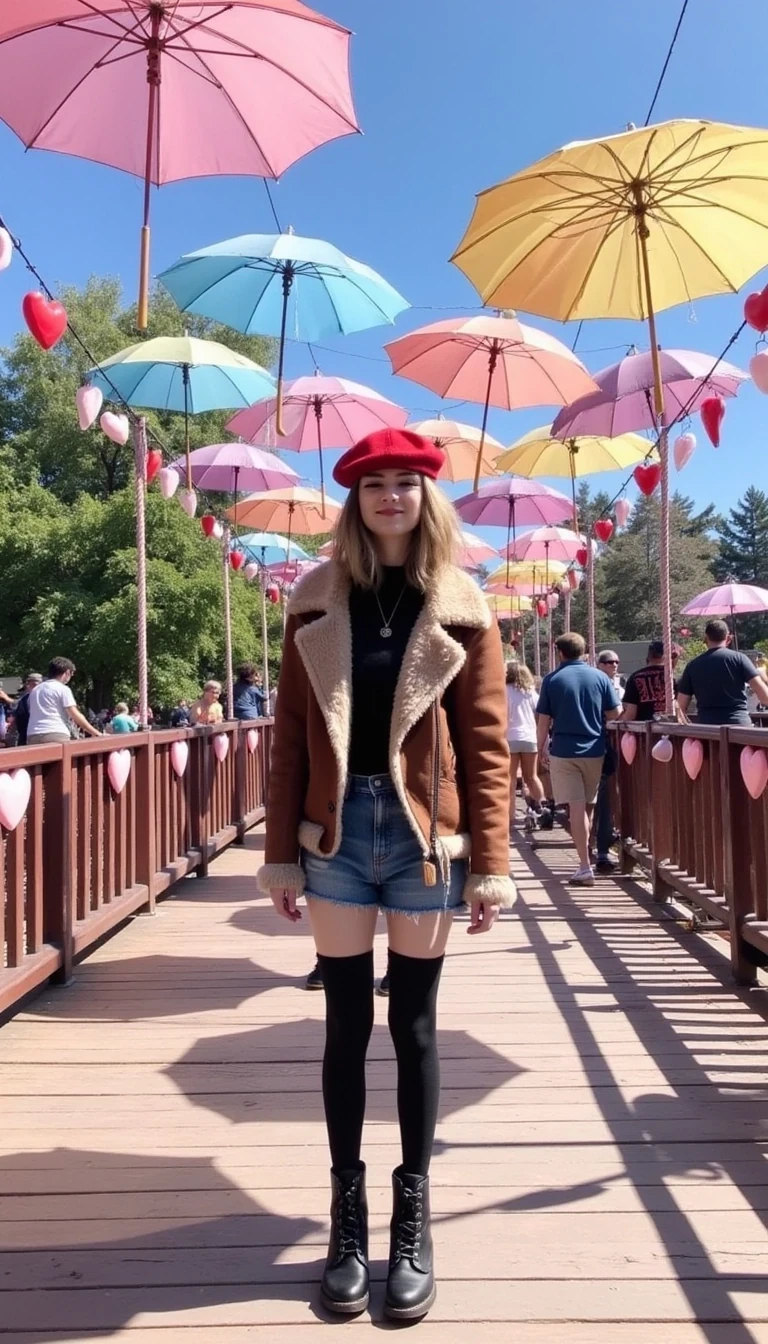 A vibrant pedestrian walkway adorned with colorful umbrella canopies casting playful shadows on a wooden bridge. A person stands on the path, wearing a red beret, a brown jacket with a fur collar, and blue denim shorts with tights and boots. The sides of the path are decorated with numerous heart-shaped hangings. The sky is clear and blue, and people casually stroll along the bridge, creating a lively and cheerful atmosphere.
