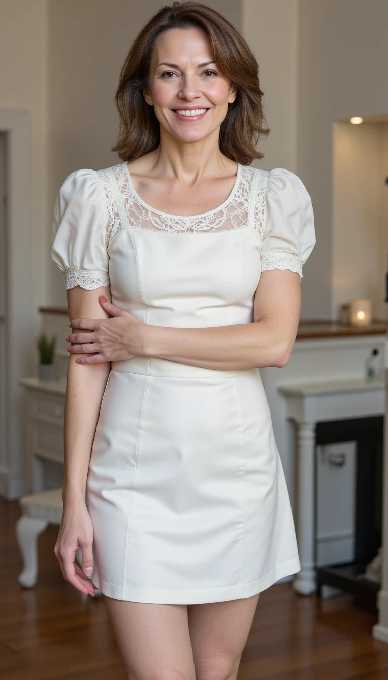 photo of middle aged woman CSTMDL, teacher, puffy short sleeves, waist high skirt, short skirt, white dress, white lace