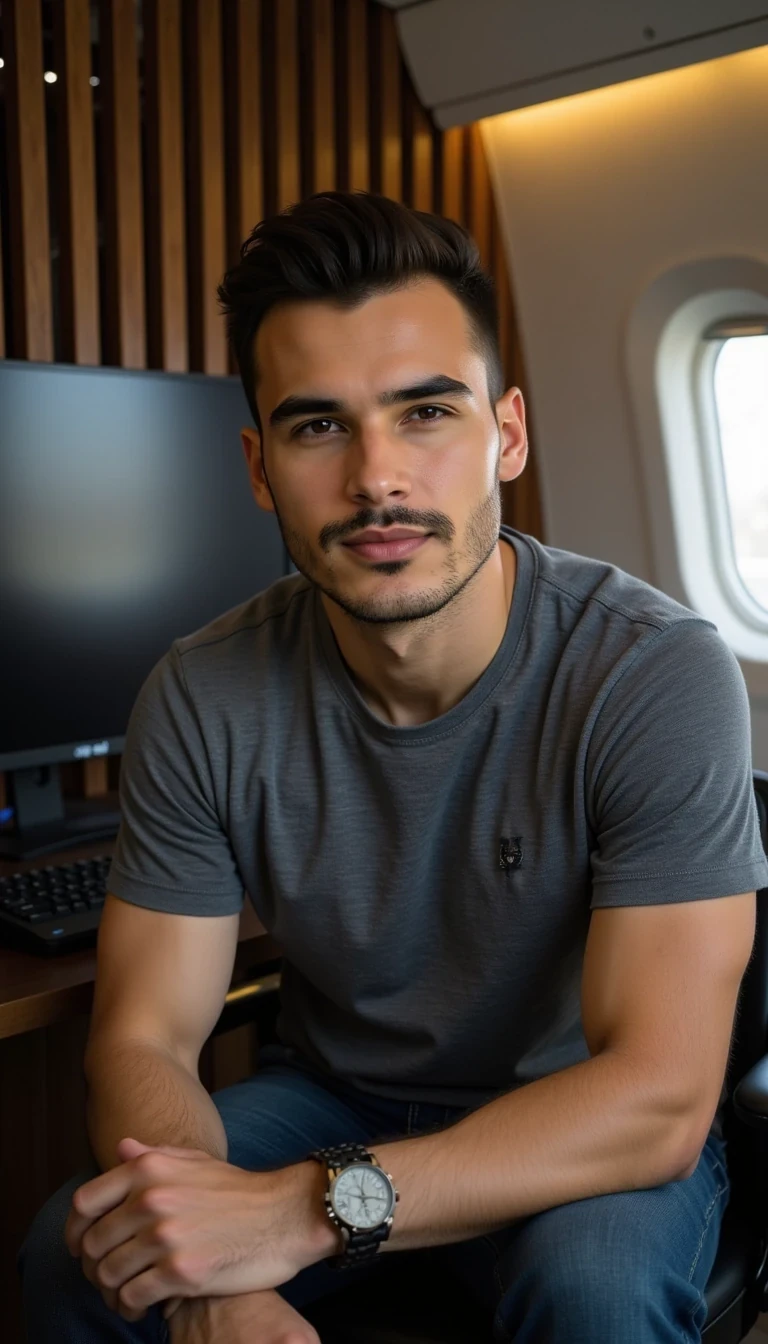 a full body of a young, handsome man. He has a symmetrical oval face, clean and well-defined jawline, neatly groomed short brown hair styled upwards, and light stubble beard. His eyebrows are dark and sharp, his eyes medium-sized, brown and expressive, with a confident yet approachable look. His lips are full and well-shaped, with a natural calm smile.

The man has an athletic, fit body with broad shoulders and toned arms. He is wearing a casual modern outfit: a fitted grey t-shirt (ZARA style) and slim jeans. He is sitting in his sitting in his Photorealistic modern office interior, shot with a professional wide-angle lens. A sleek matte black desk with a 34-inch curved monitor sits at the center. Behind the desk, the wall is covered with vertical black wooden lamellas, with integrated LED light strips glowing in a soft pale blue color between them. Realistic textures of wood and matte finishes, soft reflections on the monitor and desk surface, natural shadows, high dynamic range lighting, ultra-detailed, 8K resolution, cinematic look

The atmosphere is elegant and exclusive — golden sunlight shines through the jet window, illuminating his face and creating a soft luxury lifestyle vibe. The photo feels cinematic, influencer-style, high quality, professional composition.
Well lit picture, Style: Photorealistic Lighting: studio lighting 
Details: Bright Lighting, High Detail, 4K
he stand infront of camera , photoghraped by a photograph
