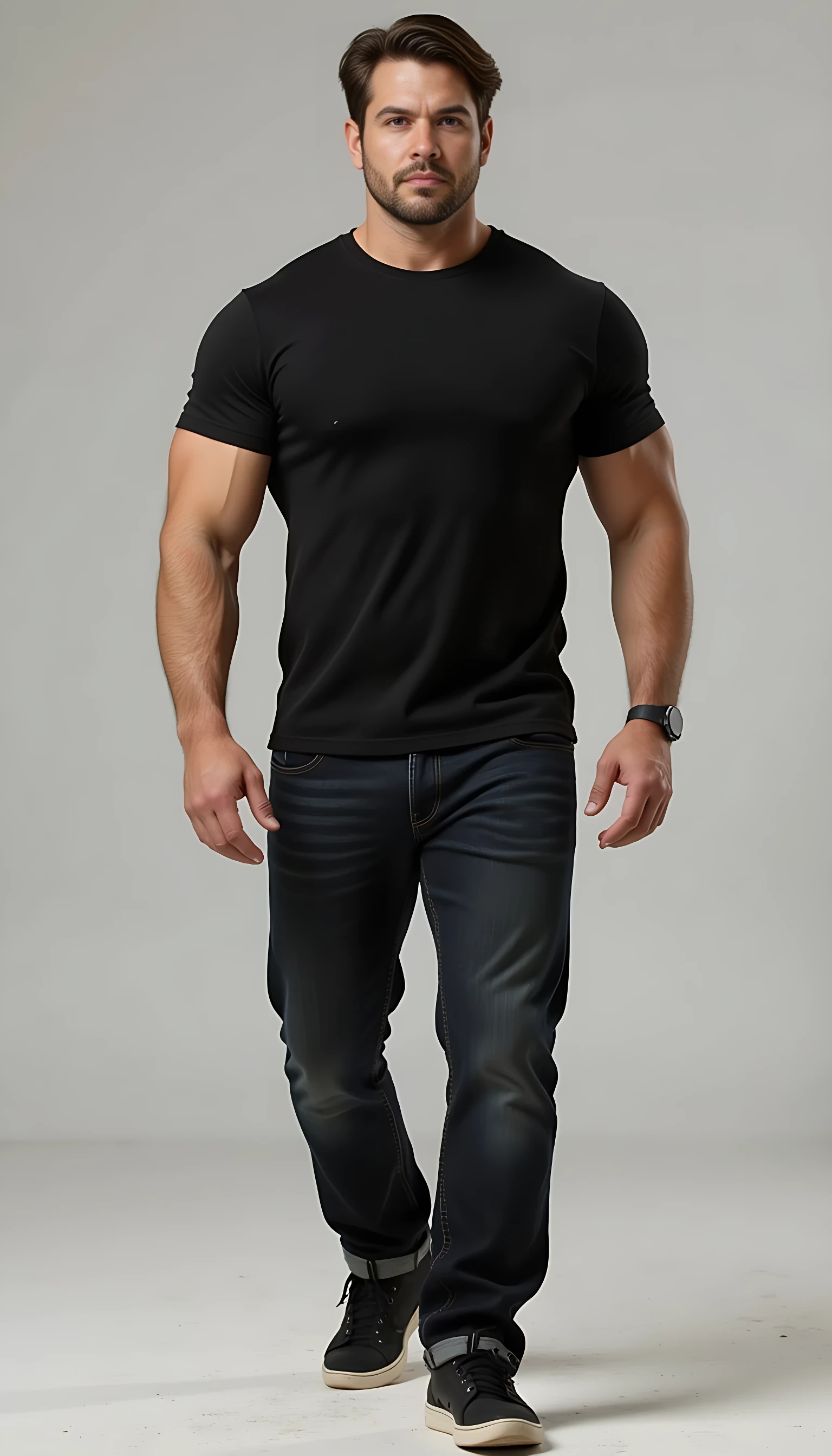 Create a character who exudes a commanding yet effortlessly relaxed presence. He is a tall, imposing figure standing at approximately 6'3" and weighing around 250 pounds of lean, well-defined muscle. His physique is powerful, with broad shoulders and muscular arms that are accentuated by a fitted black T-shirt. His dark denim jeans hug his thighs, emphasizing his strong, athletic build, and he wears casual tennis shoes that ground his look in an approachable, laid-back style.
His dark brown hair is styled with a modern edge: trimmed shorter on the sides, with longer, tousled strands on top that fall in an intentionally unkempt, "just rolled out of bed" manner, giving him a rugged yet effortlessly attractive appearance. His face is striking, with a straight nose and a chiseled, smooth jawline that occasionally twitches with a subtle tic, hinting at an underlying intensity or restlessness. His most captivating feature is his emerald eyes, so dark they seem to hold secrets, drawing attention with their depth and intensity.
He moves with a confident, unhurried ease, as if he has all the time in the world to reach his destination, exuding a sense of self-assuredness and control. His overall demeanor suggests a blend of strength, mystery, and casual charm, with an air of someone who is both approachable and enigmatic, leaving others curious about the story behind his piercing gaze and relaxed stride.