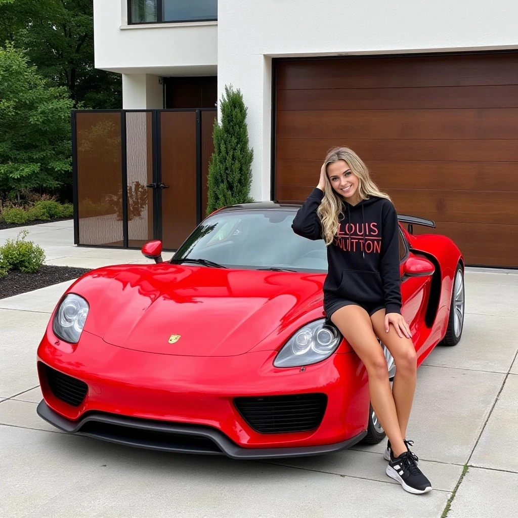 A photograph features a young woman with long soft blonde hair, a fit physique and tan skin, wearing a black hoodie with ‘LOUIS VUITTON’ written in red graphic writing, black shorts, and black-and-white sneakers. She sits on the hood of a red Porsche 918 Spyder, one hand resting on her head, smiling. The car is parked in front of a massive luxury modern house with a wooden fence and lush greenery.