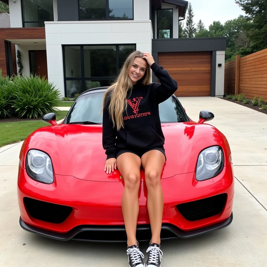 A photograph features a young woman with long soft blonde hair, a fit physique and tan skin, wearing a black hoodie with ‘LOUIS VUITTON’ written in red graphic writing, black shorts, and black-and-white sneakers. She sits on the hood of a red Porsche 918 Spyder, one hand resting on her head, smiling. The car is parked in front of a massive luxury modern house with a wooden fence and lush greenery.