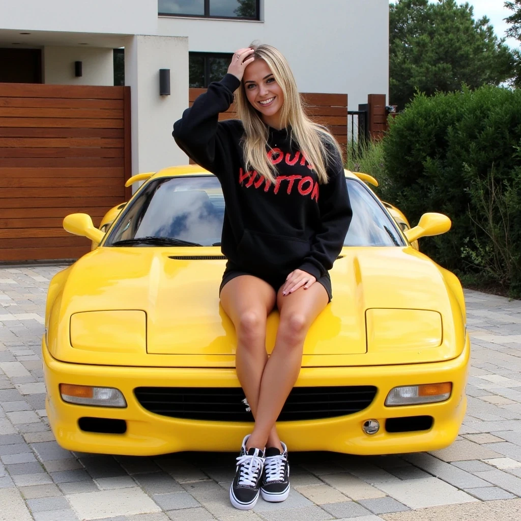A photograph features a young woman with long soft blonde hair, a fit physique and tan skin, wearing a black hoodie with ‘LOUIS VUITTON’ written in red graphic writing, black shorts, and black-and-white sneakers. She sits on the hood of a yellow Ferrari F50, one hand resting on her head, smiling. The car is parked in front of a massive luxury modern house with a wooden fence and lush greenery.