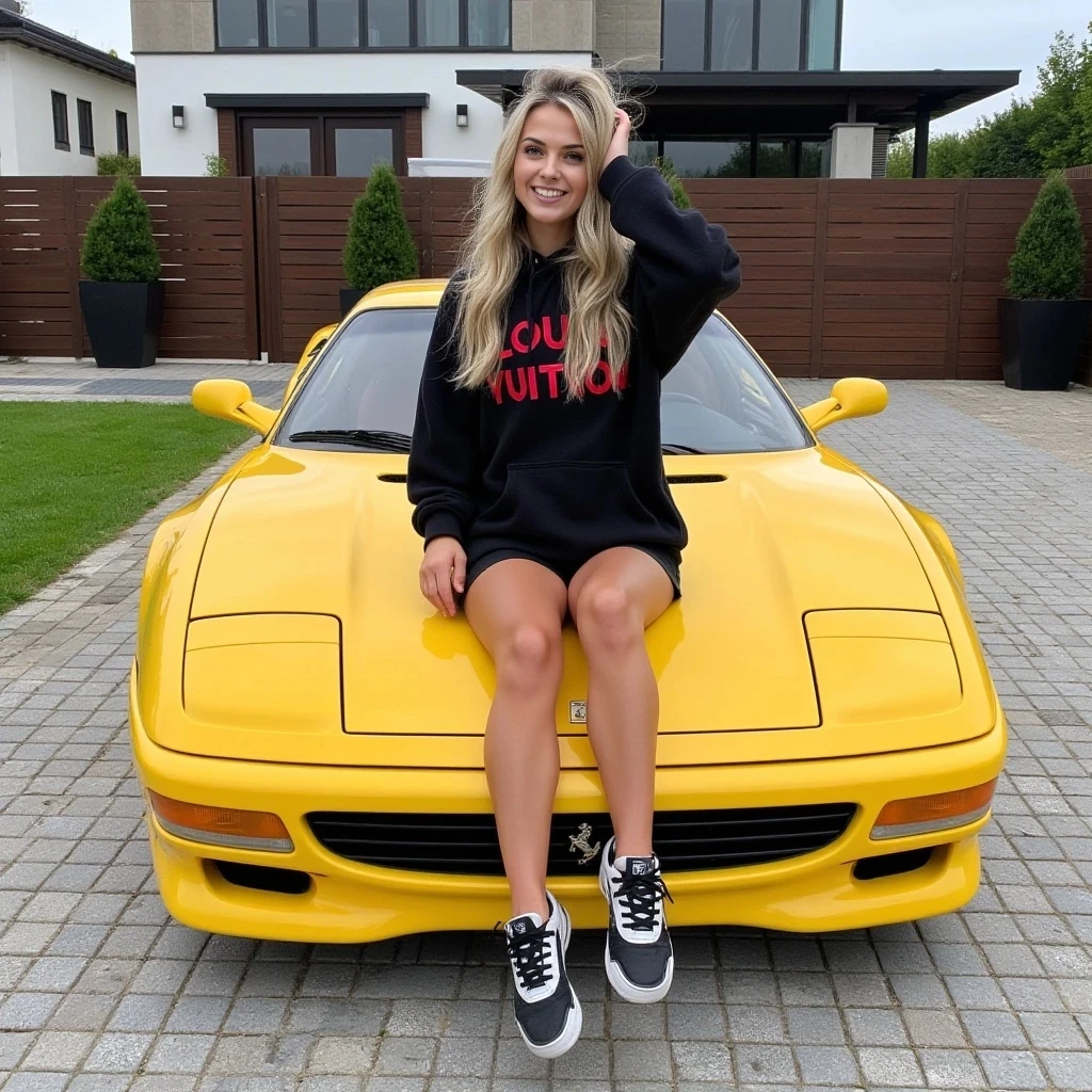 A photograph features a young woman with long soft blonde hair, a fit physique and tan skin, wearing a black hoodie with ‘LOUIS VUITTON’ written in red graphic writing, black shorts, and black-and-white sneakers. She sits on the hood of a yellow Ferrari F50, one hand resting on her head, smiling. The car is parked in front of a massive luxury modern house with a wooden fence and lush greenery.