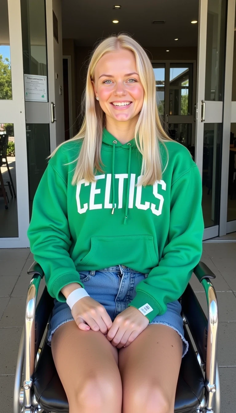 CSTMDL, Hailey, hyper-realistic photograph of a young woman in her early-20s with warm fair skin tone, blonde hair cascading over her shoulders, getting out of a hospital, she is sitting down on a wheelchair, she is wearing a jean skirt and a green Celtics hoodie, she is looking at the camera with a smile,  no visible sweat or signs of exertion, no accessories except a white hospital band on her right wrist, background includes the double sliding doors from the hospital, ((CSTMDL, Lory is being her pushing the wheelchair)), overall atmosphere of quiet vulnerability mixed with subtle allure, medium shot from a low angle, captured with a Canon EOS 5D Mark IV camera using a 50mm prime lens at f/2.8 aperture, ISO 200, natural outdoor lighting with high detail and sharpness, photorealistic textures on the thin cotton fabric of the hoodie  with faint wrinkles and soft folds, glossy sliding doors reflections, ultra-detailed skin pores and hair strands, indistinguishable from a real high-resolution photo