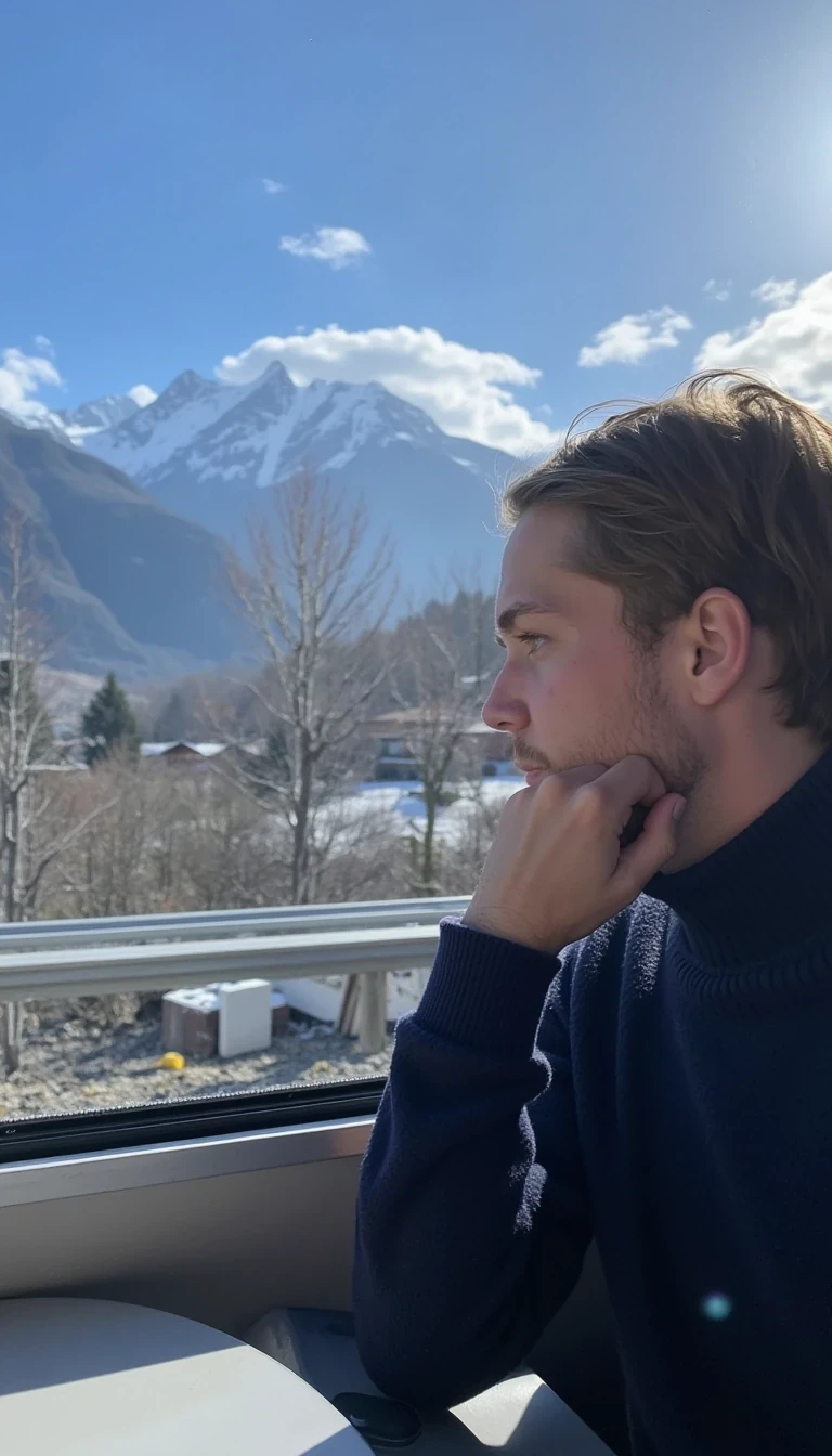 A long range low quality snap chat photo of CSTMDL looking out a train window towards the mountains of Switzerland where we can see majority of his body and the camera snapping the photo from the opposite side of the other seats facing him, the weather outside is cold but with the sun shining on the mountains peeks but having coverage of snow at the top of the mountain. he has his chin resting on one of his hands and the elbow on the base of the table with his head turned towards the scenery while the beautiful sunlight shines through the window. 