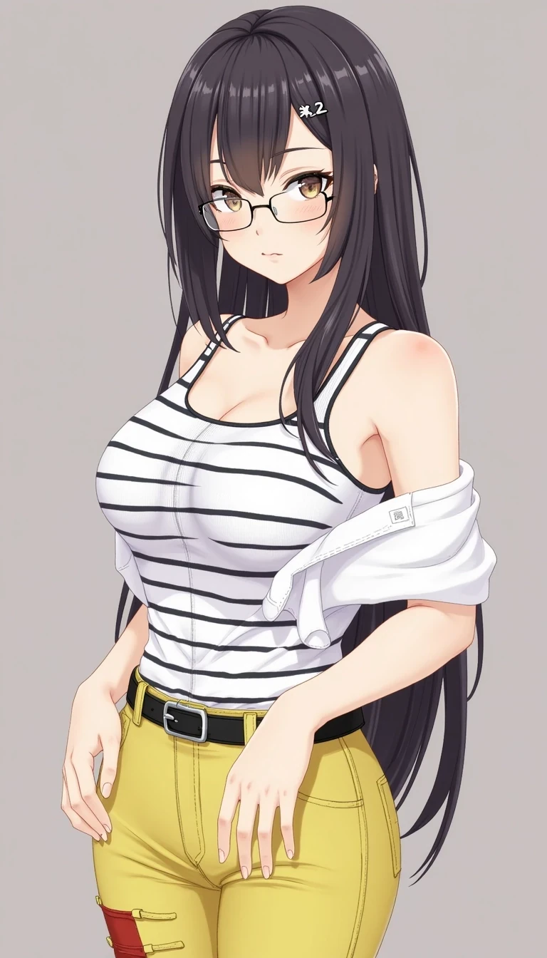 1girl, solo, long hair, breasts, shirt, medium breasts, bare shoulders, collarbone, upper body, white shirt, small breasts, sleeveless, black striped, belt, pants, covered nipples, bare arms, sleeveless shirt, tank top, denim, tan, close-up, facing viewer, arm at side, jeans, striped shirt, black belt, photo (medium), head out of frame, arms at sides, taut clothes, shirt tucked in, taut shirt, yellow tight pants with red accents and bell bottoms, lips parted, clear framed glasses, this should be realistic, not animated 