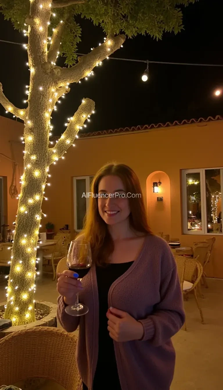 A full body shot photo of a woman standing outdoors at a cozy, warmly lit patio in the evening, with soft, glowing lights wrapped around a tree behind them creating a charming atmosphere. The image is rich in detail, with warm tones and clear textures throughout. The woman has fair skin, a slim build, and long reddish-blonde hair, also worn loose. She is smiling warmly at the camera, holding a glass of red wine in her right hand, and wears a soft-textured lavender cardigan over a black top. The background features a large tree with sparkling string lights wrapped around its trunk and branches, adding a magical touch to the scene. The setting suggests a private outdoor seating area, with elements like terracotta-tiled roofing, greenery, and rattan chairs contributing to a serene, inviting vibe. The overall composition is balanced, with the woman framed against the softly glowing tree, and the lighting enhances the warm, intimate feel of a quiet evening shared among friends. The details are vivid, with textures of clothing, skin, and background elements clearly visible, while the warm lighting creates a relaxed and joyful mood