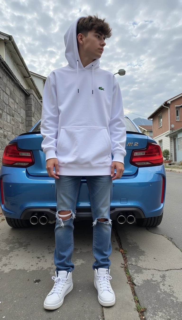 CSTMDL - The image depicts a young masculine 180cm 90kg man standing and in far away is back blue car, specifically a BMW M2 2024 in colour: baby blue. He wears a white hoodie emblazoned with crocodile lacoste logo and scratched jeans. he wears on shoes nike jordan boots, specifically a shite Jordan 1 Retro High Dior