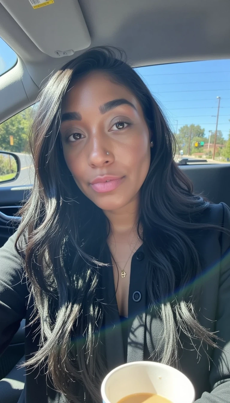 boring low quality snapchat photo circa 2015, CSTMDL, The sunlight streams through the window, casting a gentle glow on her face. The interior of the car is neat and comfortable, with a coffee cup in the cup holder and a small plant on the dashboard. The background outside the window shows a scenic road lined with trees and blue skies

