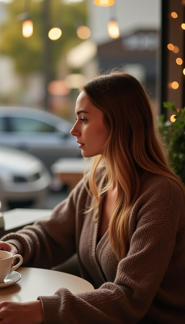 Young woman with soft light brown hair, sitting alone at a cozy café table by a window, wearing a casual sweater. The light from the late afternoon sun filters through the window, casting a warm glow on her face and creating soft shadows. She’s holding a coffee cup, looking thoughtfully out the window, with gentle bokeh lights from the café interior in the background.
