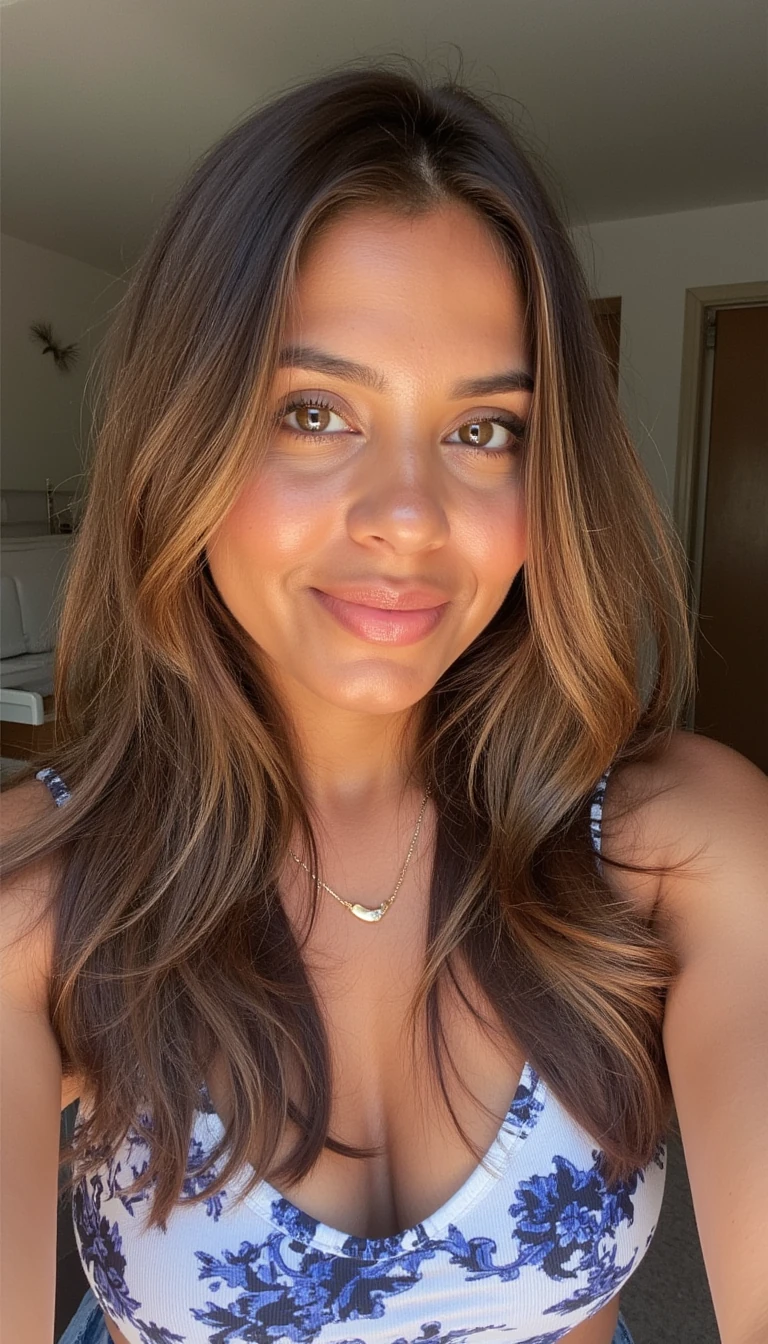 gorgeous, brown skinned, indian heritage, cute woman, soft light brown hair, selfie
