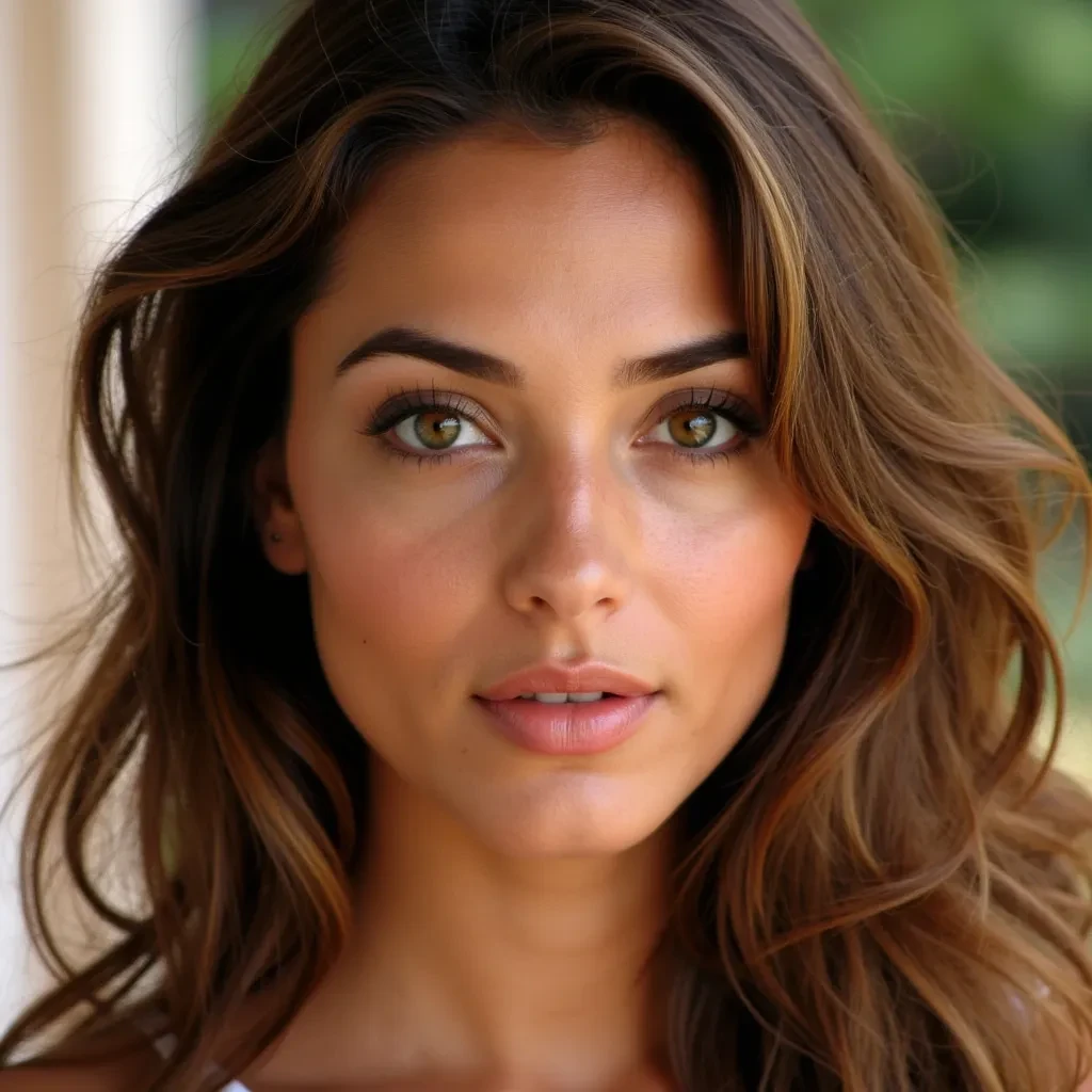 Mediterranean Italian ethnicity characterized by warm golden olive skin, chestnut brown hair with natural waves, and deep hazel eyes flecked with green and amber. Facial features include softly defined cheekbones, a straight and proportionate nose, full lips with a prominent cupid’s bow, and thick, arched brows. Overall appearance combines classic Southern European beauty with a natural, sun-kissed glow and an effortlessly alluring presence.