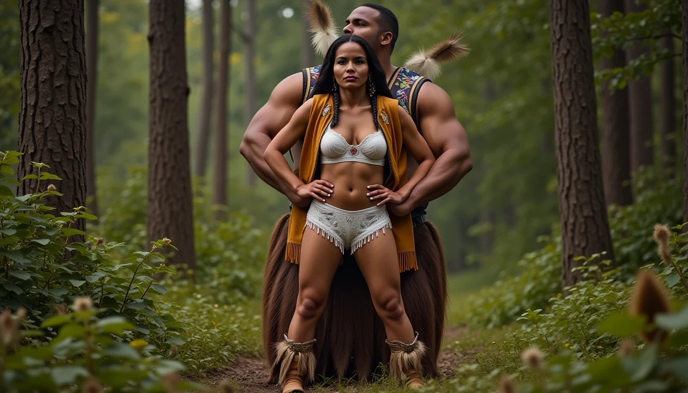 photo of woman CSTMDL, a medium shot photo of, a slim woman, her full body is in the scene, she has a slender petite build with petite small boobs and a flat chest, she has small dark skin nipples with long pointy nipple ducts and small dark skinned areolas, her hair is styled with two long braids she has eagle plumes in her hair, she is not wearing earrings, she is wearing daisy duke denim booty shorts, she is wearing a native American style vest in a golden yellow color over top of her underwear, her vest is open exposing her strapless bra, her bra is a strapless white lace bra, she is wearing white lace panties, she is wearing ankle height smoked hide moccasins, natural lighting, natural light, amateur photography, shot on an iPhone, she is standing with her legs spread wide apart in a densely wooded forest, she is maintaining intense eye contact with the camera, there is a giant native American fat man three times her height kneeling directly behind her holding onto gripping the woman's waistline, the man is holding her in front of him, the man is a real giant three times the height of an average male, public setting, Hyper realism, ultra-sharp focus, highly detailed, natural lighting, natural light, amateur photography, she has her hands placed down by her sides