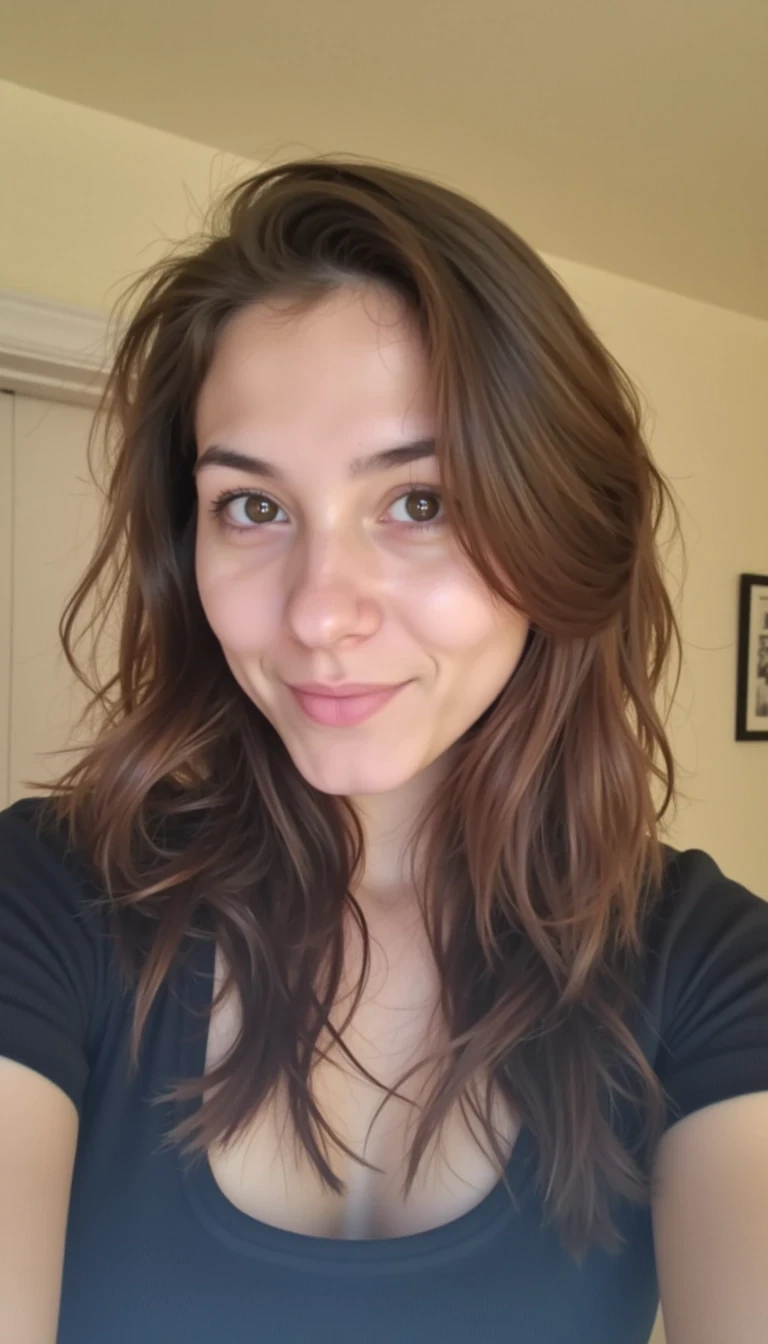 CSTMDL selfie in bedroom, boring low quality snapchat photo circa 2015, slightly grainy, imperfect framing, natural lighting, casual expression