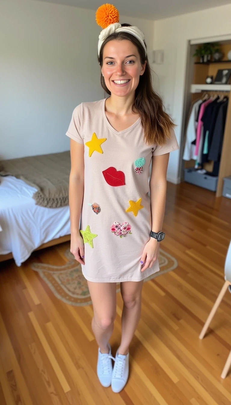 A cheerful woman standing in a cozy and modern living room, wearing a playful, quirky dress adorned with various sewn-on objects like star patches, a lips applique, and fun novelty items. She is smiling, sporting a headband with a humorous orange prop on top, and wearing white sneakers. The room features wooden floors, a bed in the background, clothes hanging on a rack, and a shelf with neatly arranged decor items. The atmosphere is lighthearted and casual.