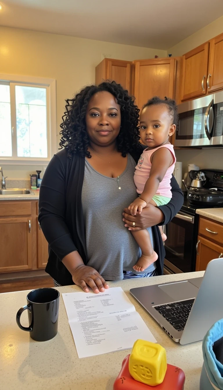 photo of woman CSTMDL, Prompt:
A plus-size, brown-skinned woman with shoulder-length natural locks, brown eyes, and a tired but determined expression. She wears casual but stylish mom clothes (yoga pants, oversized tee, cardigan). She's in a kitchen holding a toddler on one hip, with paperwork and a laptop on the counter. The lighting is warm, like early morning. She looks exhausted but powerful, like she’s about to conquer the day.

Mood: Honest hustle. Strength in exhaustion.
Colors: Soft neutrals, warm gold tones.
Props: Coffee mug, toy blocks, laptop, school bag.