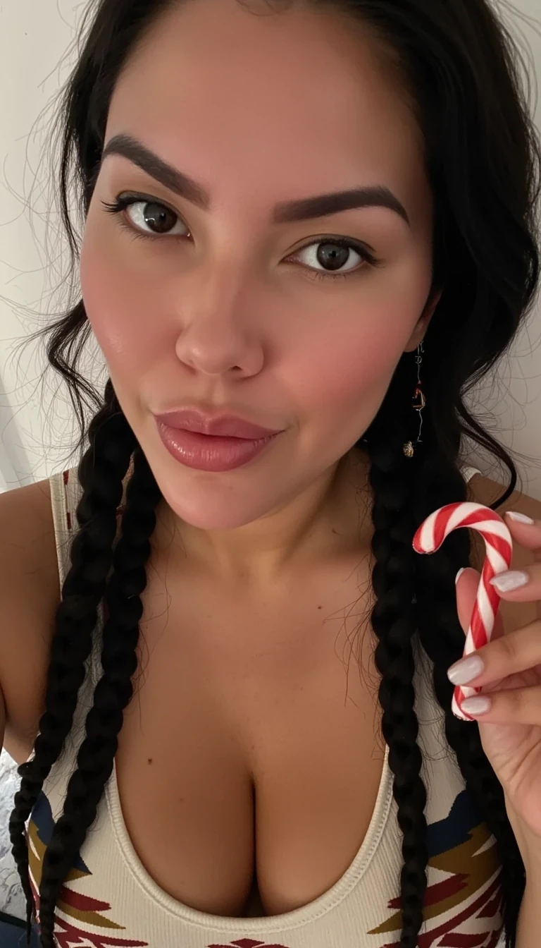 A selfie photo close up of CSTMDL a 35-year-old native American woman, she is posing seductively for the camera, she maintains intense eye contact with the camera at all times, she has native American style hair in two long braids, she is wearing a skin tight form fitting onesie with native American geometric patterns on it, she is holding a candycane that is two inches in girth, realistic,
