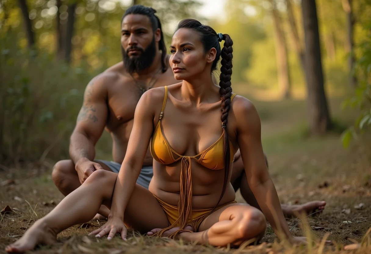 A medium shot photo of woman CSTMDL, a 25-year-old native American woman. The woman who is Native American in appearance has light tan skin tone, she is tall with a petite slender skinny build, petite small boobs, flat chest, her nipples are small petite and dark skinned with long hard pointy nipple ducts that visiblly poke through her bra. She is wearing her hair in a native American style with 2 long braids. She is wearing a sexy native American smoked hide outfit in a golden yellow color, in a wooded area she is on all fours in front of a fat obese native American man with her legs spread wide apart and her bum facing him, She is maintaining intense eye contact with the camera staring stoically without any other expression at all. The composition captures a casual, candid moment, romantic setting, Hyper realism, captured with a nikon d850, 16k, uhd, ultra-sharp focus, depth of field, perfect meshes and textures, highly detailed, highly accurate reflections, volumetric fog, volumetric lighting, volumetric light, hdr, ray tracing, cinematic shooting style,