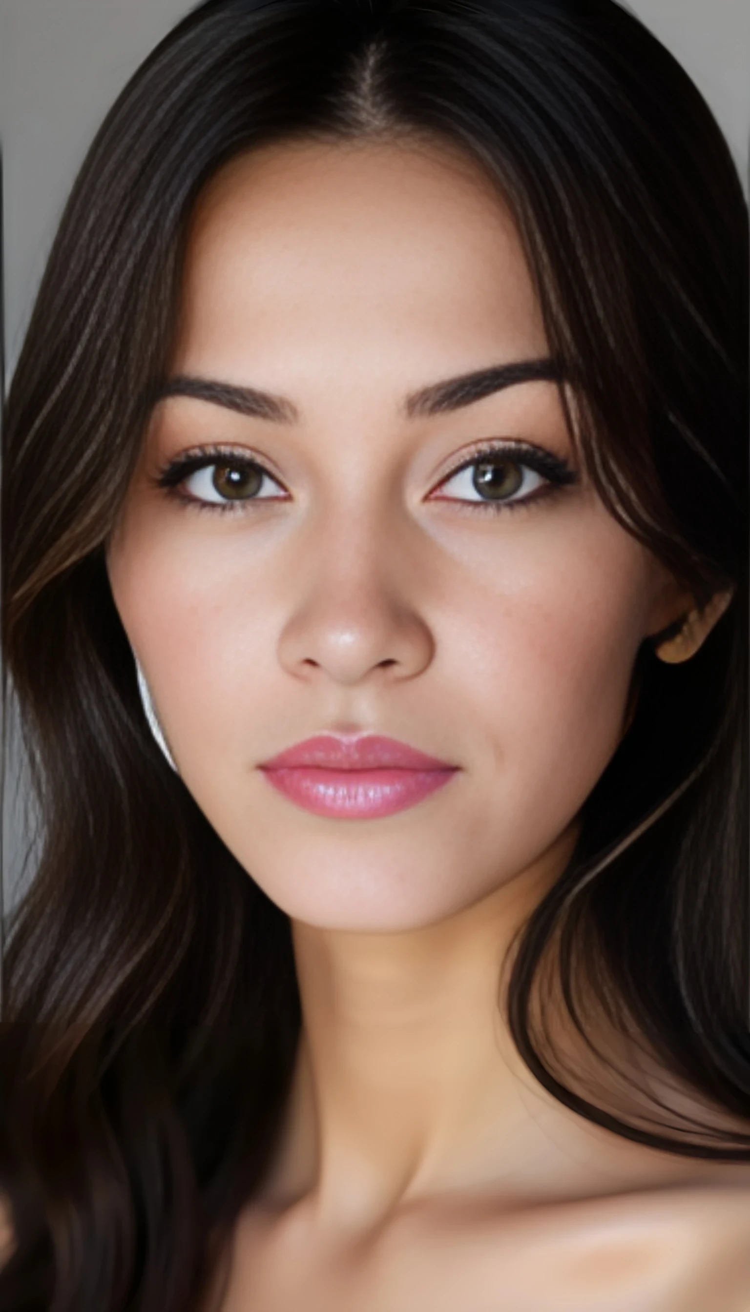 
Ultra-photorealistic portrait of a 22 yr old woman with symmetrical, soft facial features and a serene expression. Her skin is smooth, glowing with a natural complexion and subtle highlights on the cheekbones and forehead. She has gently arched eyebrows, delicately shaped and well-groomed. Her almond-shaped blue eyes are large and expressive, framed with long, dark lashes and a soft touch of natural makeup. Her lips are full and slightly parted, with a soft pink hue, appearing moisturized and balanced in proportion. Her nose is straight and finely contoured, fitting harmoniously with the rest of her face. Her hair falls naturally around her face in smooth waves, dark and lustrous, with realistic texture and volume. The lighting is soft and even, enhancing the natural beauty and subtle details of her features. Rendered in 8K resolution, cinematic style, lifelike texture, depth, and skin detail, with shallow depth of field and a high dynamic range.