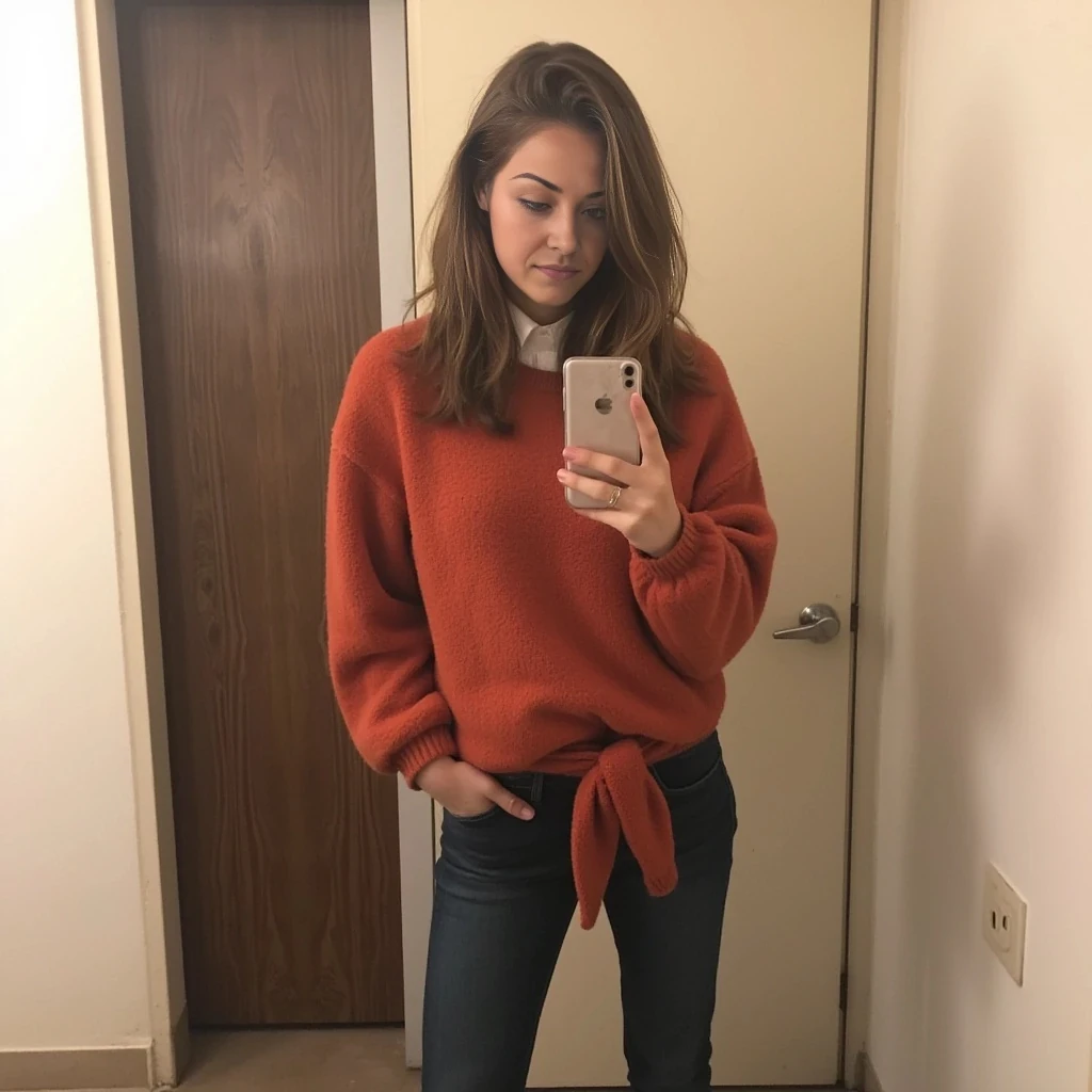 boring low quality snapchat photo circa 2015, cute woman, soft light brown hair, full outfit