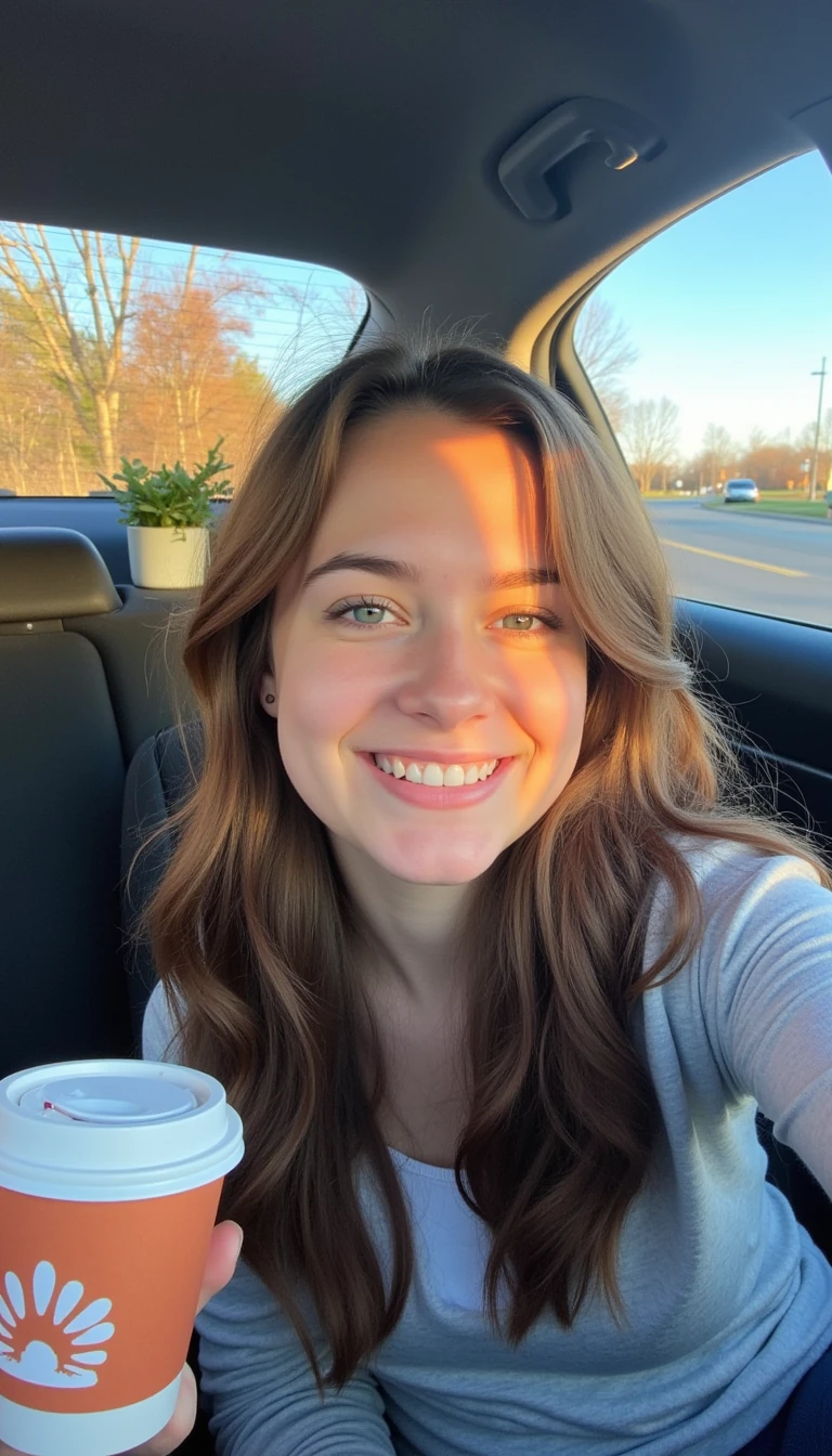 boring low quality snapchat photo circa 2015, A young woman with a warm smile, sitting in the driver's seat of a cozy car. She has soft, wavy brown hair cascading past her shoulders. The sunlight streams through the window, casting a gentle glow on her face. The interior of the car is neat and comfortable, with a coffee cup in the cup holder and a small plant on the dashboard. The background outside the window shows a scenic road lined with trees and blue skies