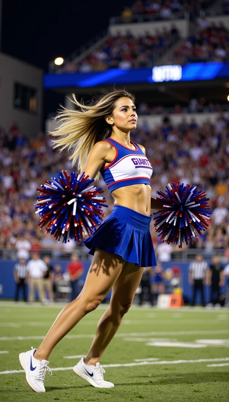 IMG_2478.HEIC, iphone  shot of CSTMDL,  Mila Rai, action shot of a cheerleader mid-performance at a nighttime football game, wearing a vibrant blue, red, and white cheerleader uniform inspired by the New York Giants, short pleated skirt and cropped top with team-style details, her blonde hair flying dramatically in motion as she cheers with bright metallic pom-poms in her hands (blue, red, and silver), captured in dynamic movement under bright stadium lights, energetic facial expression, athletic and toned figure, smooth light tan skin, muscular legs visible, sneakers, slightly blurred stadium crowd in the background to emphasize her, festive game atmosphere, vivid colorful lighting, composition focused on Mila dominating the frame with motion and excitement, evoking team spirit and the electric vibe of live sports