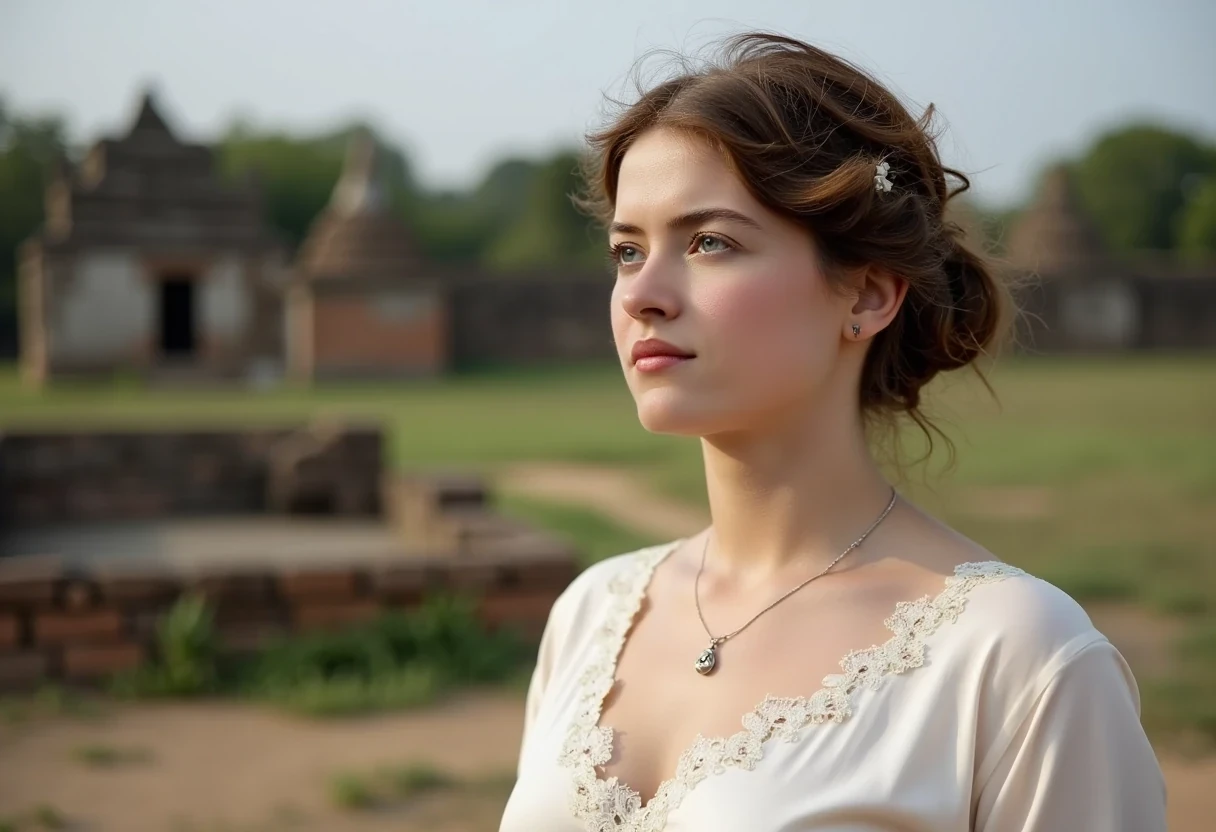 woman CSTMDL, photo ((medium)), brunette, blue eyes, cold smile, 1900 white dress, small pendant, tied hair, big breast, cambodian khmer ruins in background