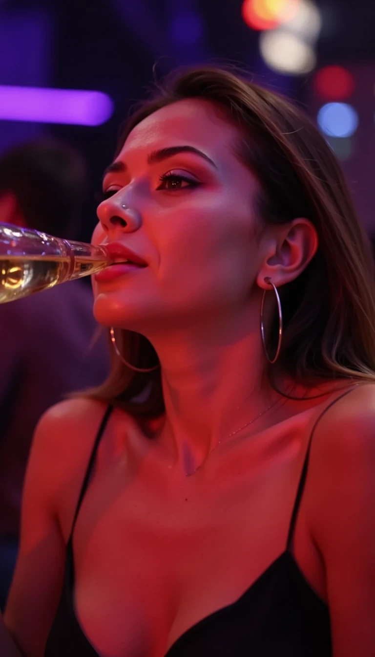 CSTMDL woman in a club having a drink, snapchat photo