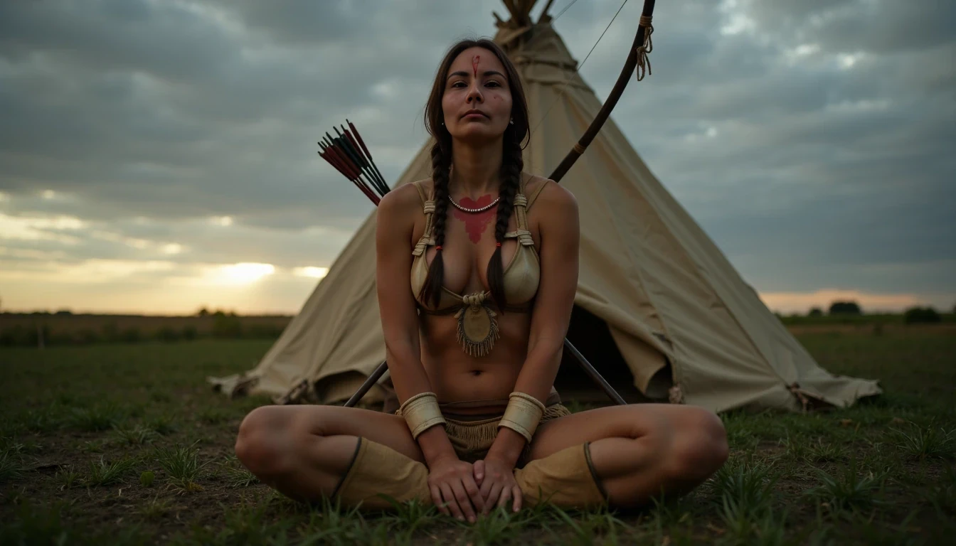 Medium shot photo of a 25-year-old slim athletic Native American woman warrior with small petite A cup breasts, wearing native American Regalia, posing stoically in front of a round native American plains style tipi. Set under dim natural sunrise light. The sun has barely begun to peek over the horizon. The image has a dull color palette, with the greenery of the ground around the tipi being dark green and browns cast with shadows and dull gray sky meets the sunrise on the horizon enhancing the moody atmosphere. The woman, who is Native American in appearance, has a slim athletic build and petite tiny breasts. She is wearing a traditional smoked hide native American Regalia outfit, it resembles bone material bra and smoked hide leather panties, it is golden smoked hide brown in color. She has a traditional bone chest plate adorning her chest. Bone and leather vambraces on her forearms and leather wraps around her shins. You can still see her entire leather bra and panties. She is wearing smoked hide moccasins on her feet. Her hair is Native American styled with 2 long braids. She is sitting on the ground with her legs spread apart and her smoked hide panties exposed to the camera. She has a primitive archery bow and a bundle of arrows in a native American style quiver on her back and she is holding a native American warclub in between her crotch. The woman is looking directly at the camera stoically without any other expression. She has red warpaint on her body and face. There is no explicit nudity visible. Cinematic shooting style. Romantic setting