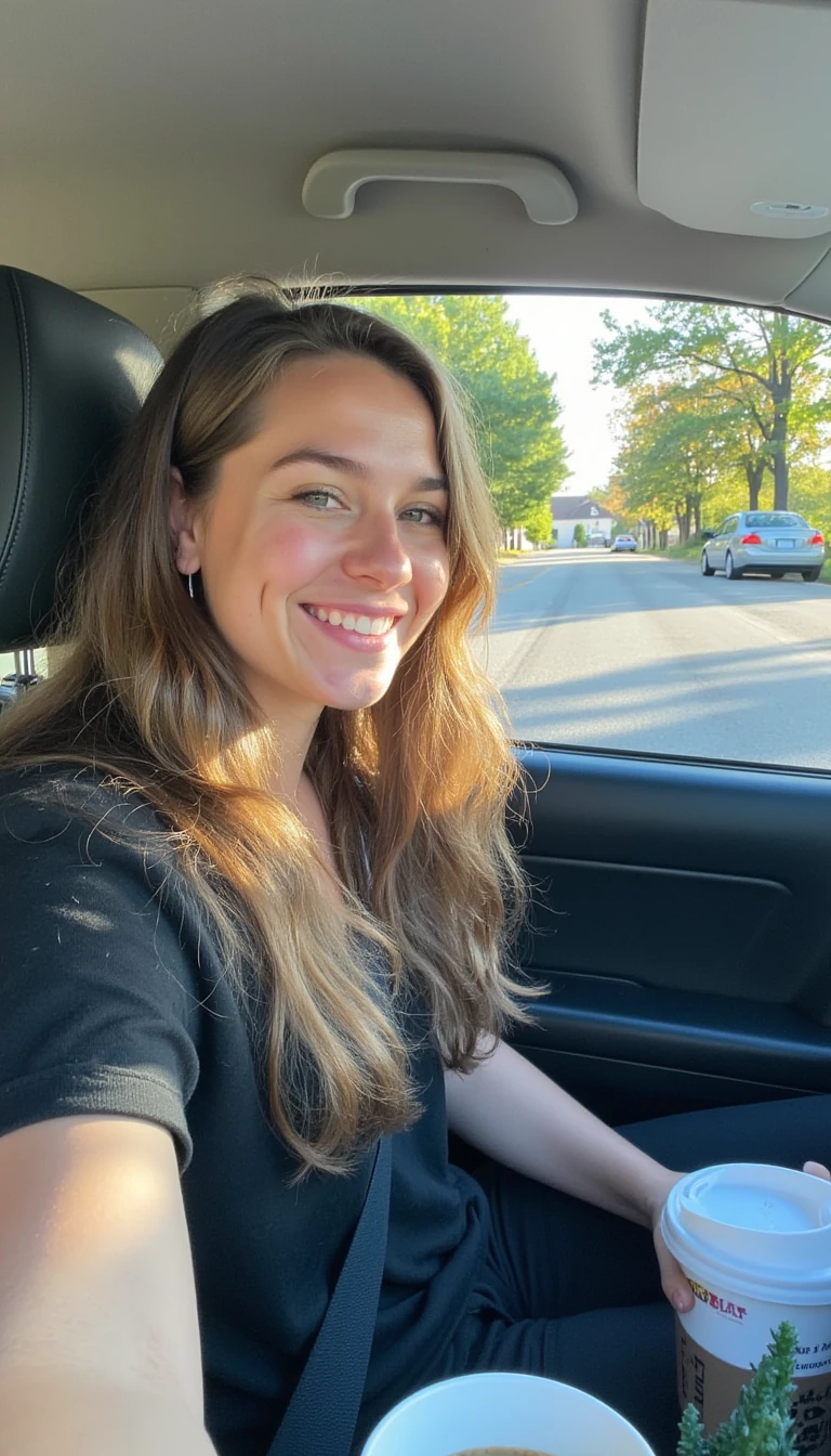 boring low quality snapchat photo circa 2015, A young woman with a warm smile, sitting in the driver's seat of a cozy car. She has soft, wavy brown hair cascading past her shoulders. The sunlight streams through the window, casting a gentle glow on her face. The interior of the car is neat and comfortable, with a coffee cup in the cup holder and a small plant on the dashboard. The background outside the window shows a scenic road lined with trees and blue skies