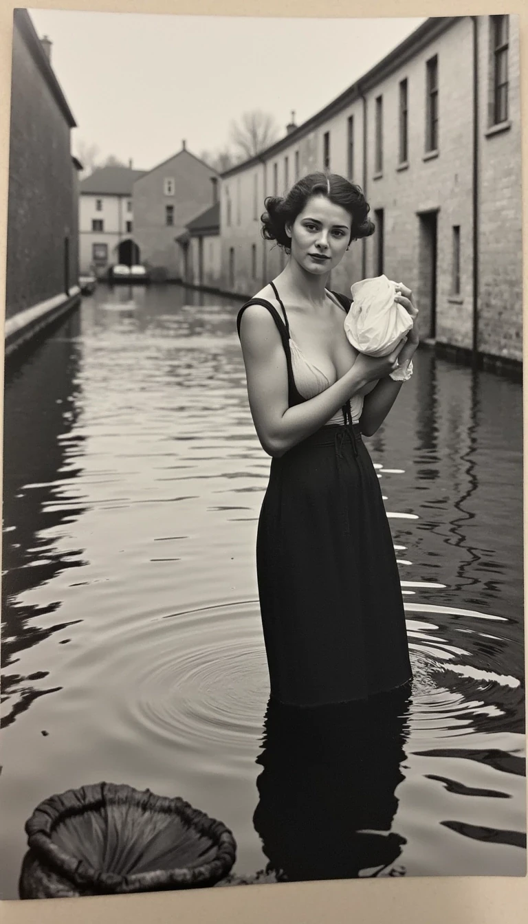 boring low quality snapchat photo circa 2015, black and white polaroid picture of a woman in victorian era. She is wearing victorian era’s dress with opened top showing her bare chest. She is in a water canal doing her laundry.