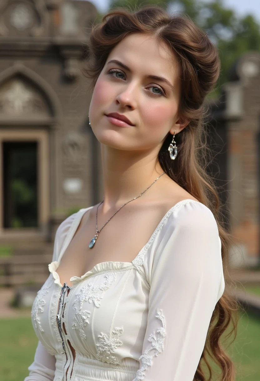 woman CSTMDL, photo ((medium)), brunette, blue eyes, cold smile, 1900 white dress, small pendant, tied hair, big breast, cambodian khmer ruins in background