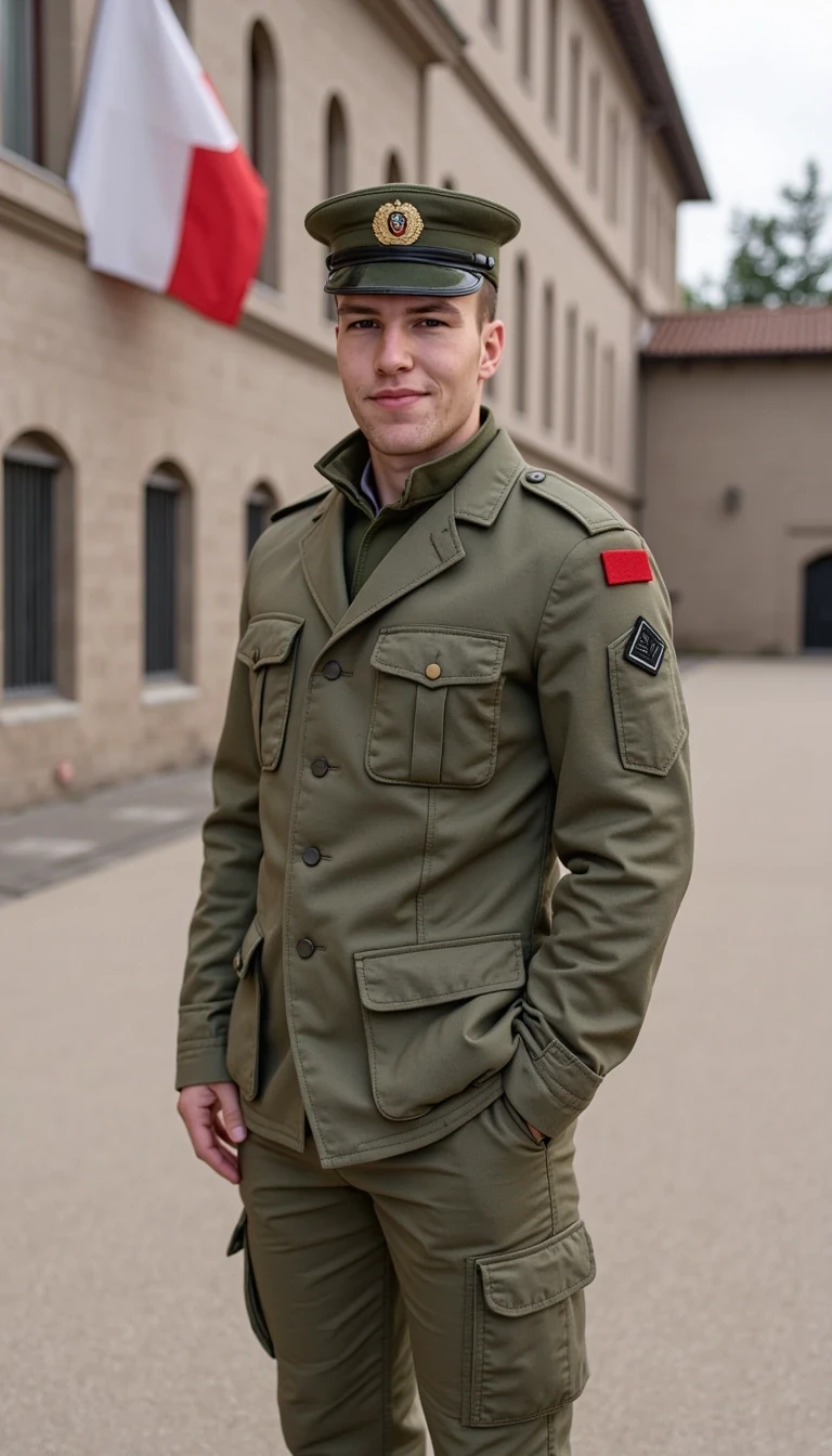 Wearing the French foreign legion military camo uniform standing outside a military barracks with the French flag on a wall, smiling and posing, skinny built