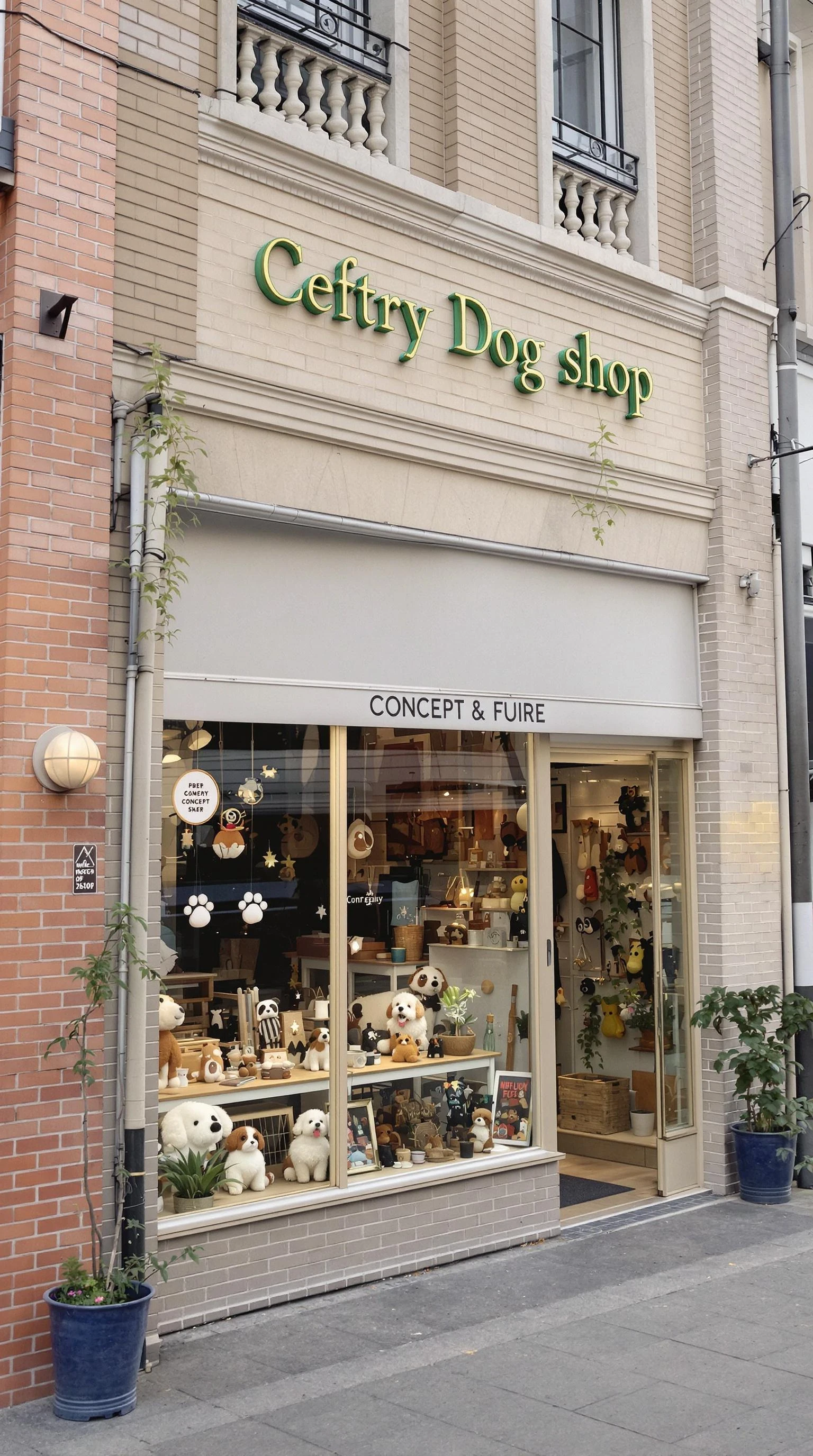 concept store, dog shop, creative shop, city, street, pretty facade, modern, dog, shop facade, window, decoration, object, plants