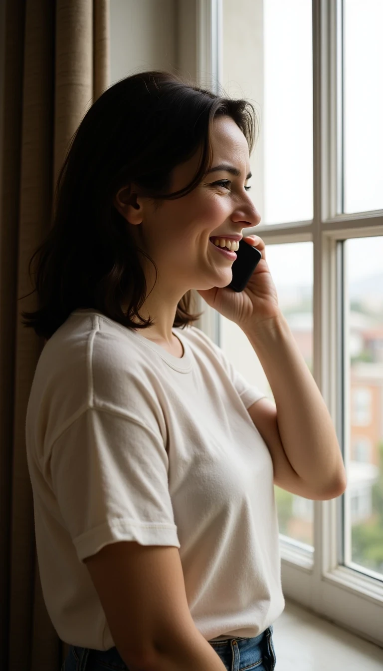 Side profile of woman laughing while on a phone call, standing by window with natural light, hair tucked behind one ear, CSTMDL woman