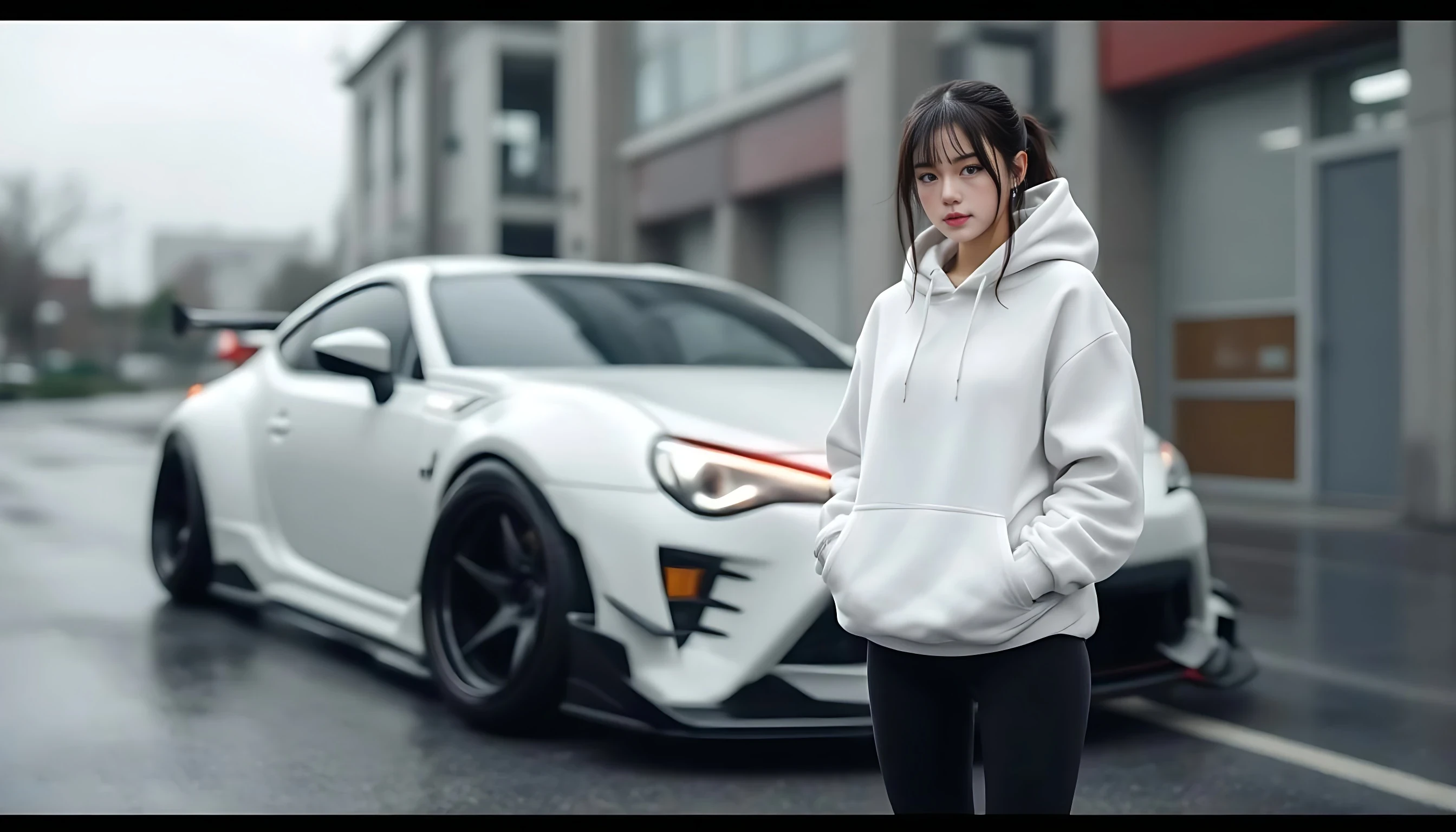 Girl in a clean white hoodie and black leggings standing in front of a Toyota 86 Liberty Walk, full car and model in frame, overcast lighting with smooth reflections, modern JDM car girl style, hands in hoodie pocket, calm and confident expression.



negative prompt:  blurry, low resolution, low quality, distorted face, extra limbs, extra fingers, missing fingers, deformed hands, unnatural skin texture, overexposed, underexposed, bad anatomy, disfigured, mutated, duplicate face, fused limbs, exaggerated features, unrealistic eyes, anime style, cartoon, doll-like, glitch, watermark, text, logo, grain, noisy background, jpeg artifacts, lens distortion, fisheye,deformed hands, extra fingers, missing fingers, double face, bad anatomy, blurry face, disfigured, bad proportions, low quality, artifact, mutated limbs, asymmetrical eyes, face distortion, incorrect lighting, extra limbs, low quality, bad anatomy, disfigured, mutated, deformed, extra limbs, extra fingers, missing fingers, blurry face, ugly face, inconsistent face, bad hands, face distortion, body distortion, duplicate face, glitch, watermark, logo, text,no text,no watermark,no extra fingers no blurry face
