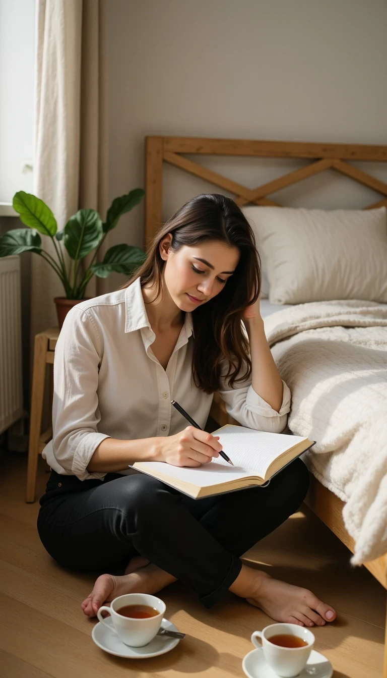 Indoor scene of woman sitting on floor next to her bed, journaling in a notebook, cup of tea beside her, peaceful mood, CSTMDL woman