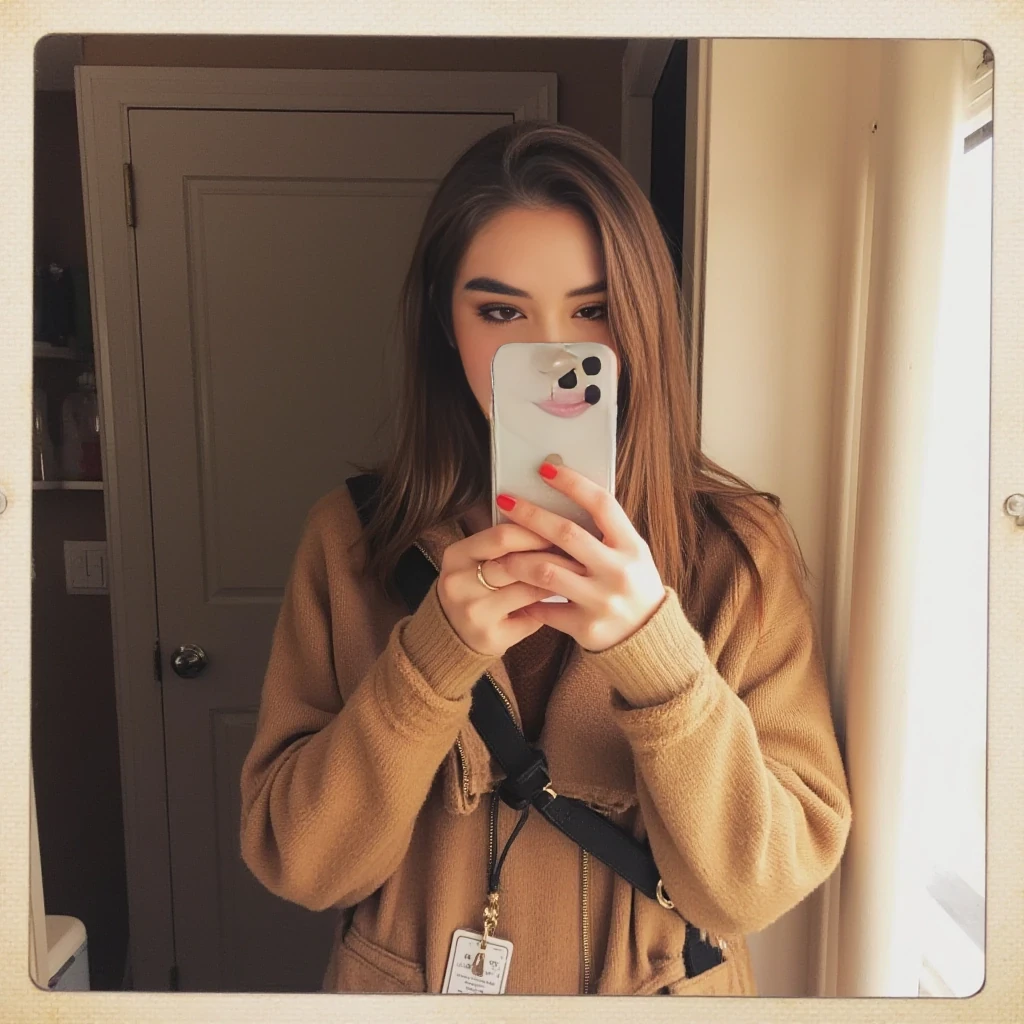 boring low quality snapchat photo circa 2015, cute woman, soft light brown hair, full outfit