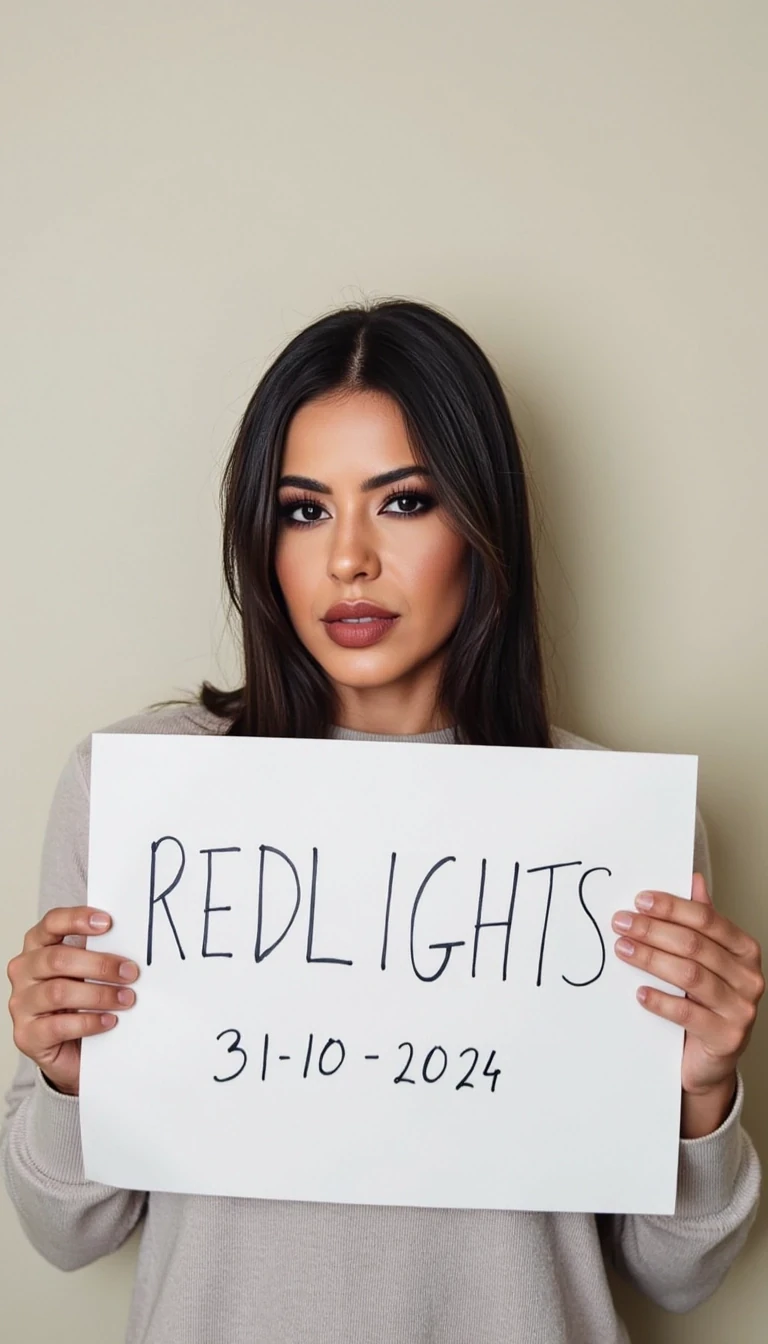 photo of woman CSTMDL,   woman holds a sign with handwritten text. She is wearing long sleeves and has neutral makeup. The sign reads "REDLIGHTS" followed by "31/10/2024" in a simple script. The background is a plain, light-colored wall, providing a minimalist and uncluttered setting.