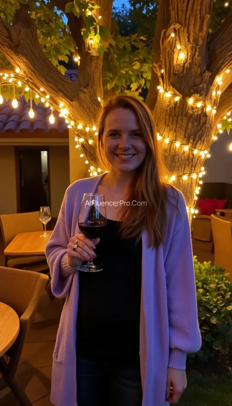 A full body shot photo of a woman standing outdoors at a cozy, warmly lit patio in the evening, with soft, glowing lights wrapped around a tree behind them creating a charming atmosphere. The image is rich in detail, with warm tones and clear textures throughout. The woman has fair skin, a slim build, and long reddish-blonde hair, also worn loose. She is smiling warmly at the camera, holding a glass of red wine in her right hand, and wears a soft-textured lavender cardigan over a black top. The background features a large tree with sparkling string lights wrapped around its trunk and branches, adding a magical touch to the scene. The setting suggests a private outdoor seating area, with elements like terracotta-tiled roofing, greenery, and rattan chairs contributing to a serene, inviting vibe. The overall composition is balanced, with the woman framed against the softly glowing tree, and the lighting enhances the warm, intimate feel of a quiet evening shared among friends. The details are vivid, with textures of clothing, skin, and background elements clearly visible, while the warm lighting creates a relaxed and joyful mood